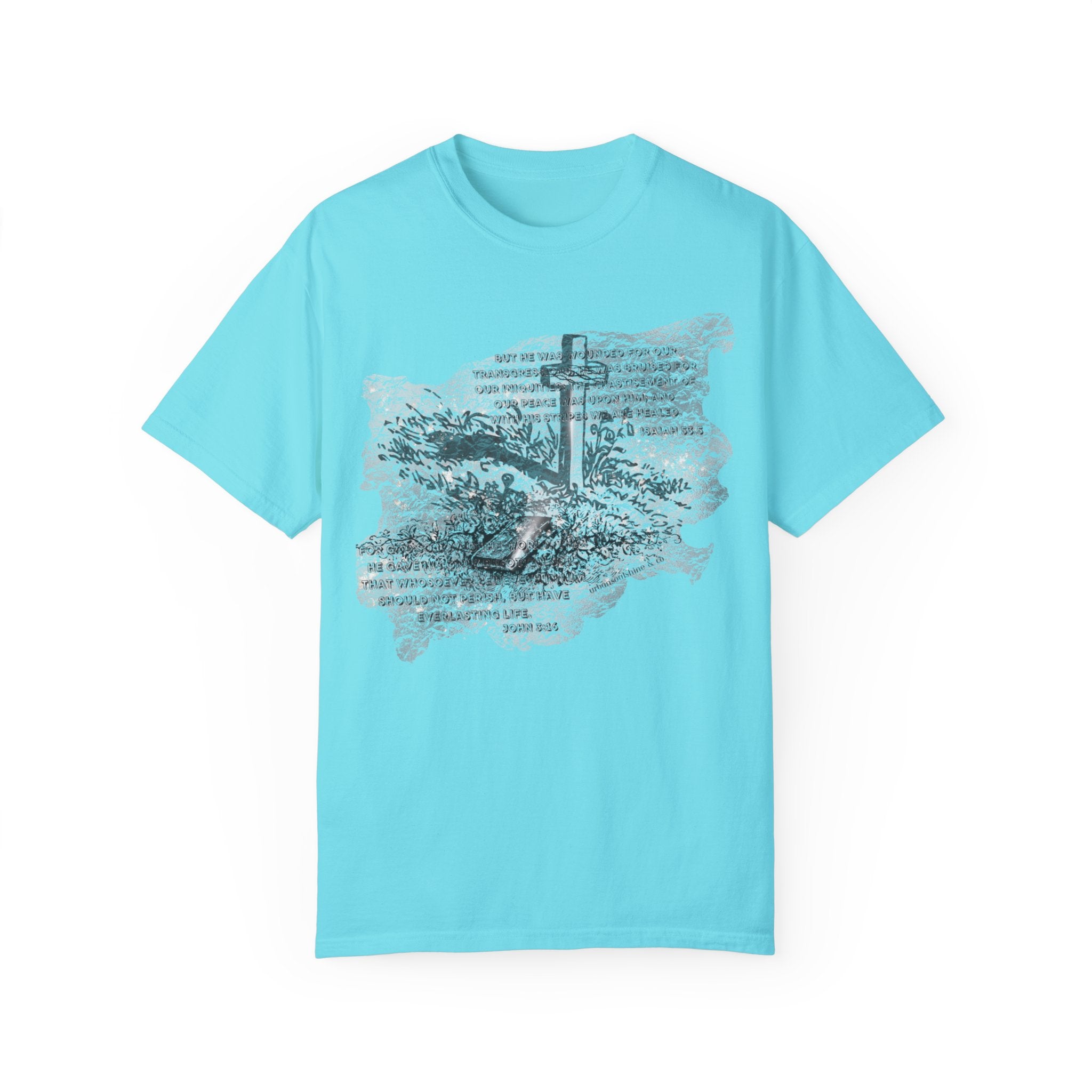 With His Stripes Scripture Etched Comfort Colors Tee (Unisex) Lagoon Blue