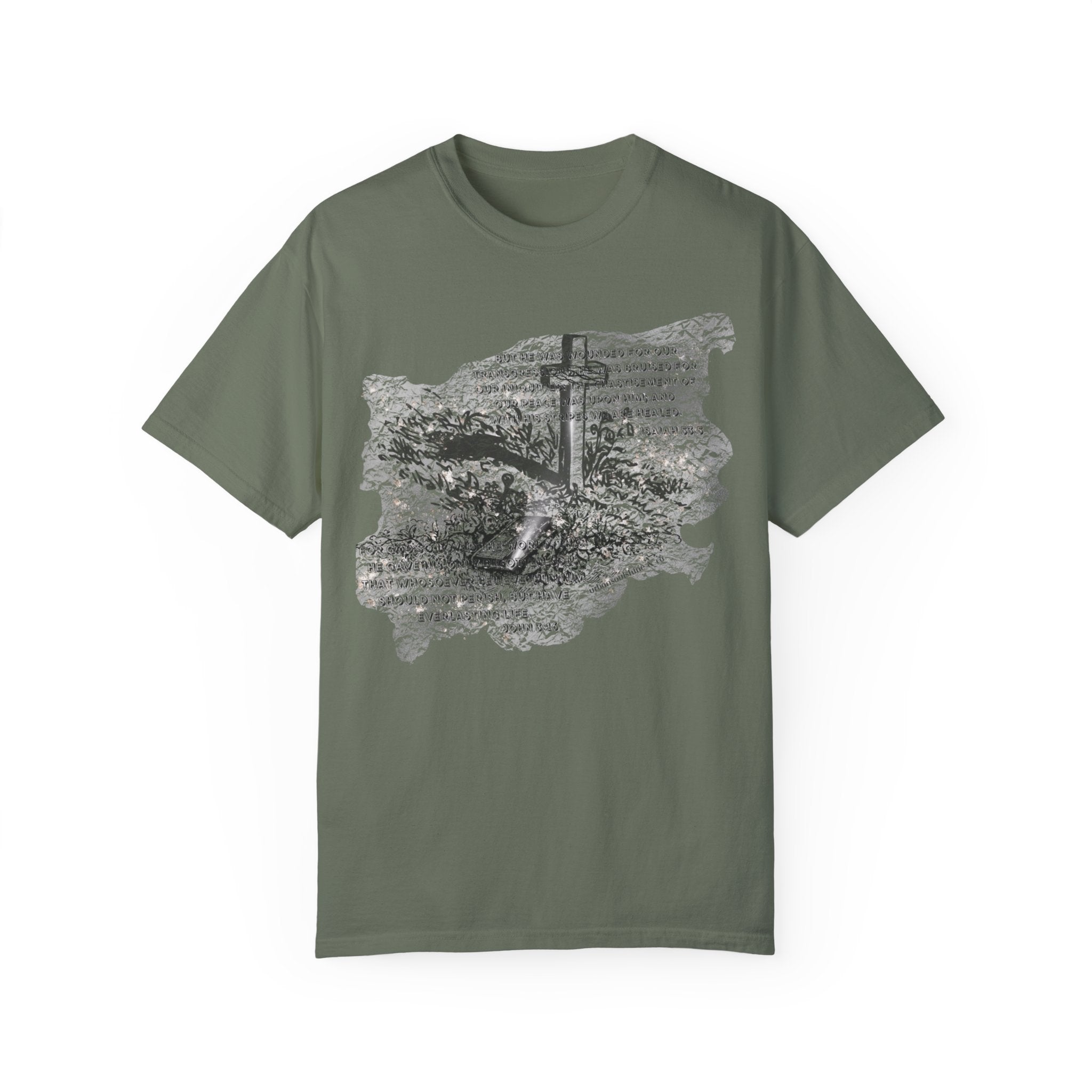 With His Stripes Scripture Etched Comfort Colors Tee (Unisex) Moss