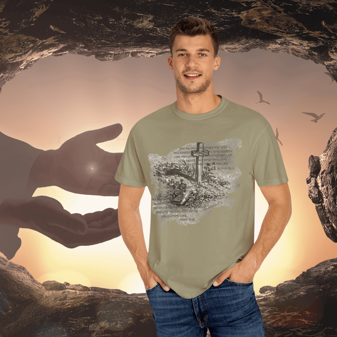 With His Stripes Scripture Etched Comfort Colors Tee (Unisex)