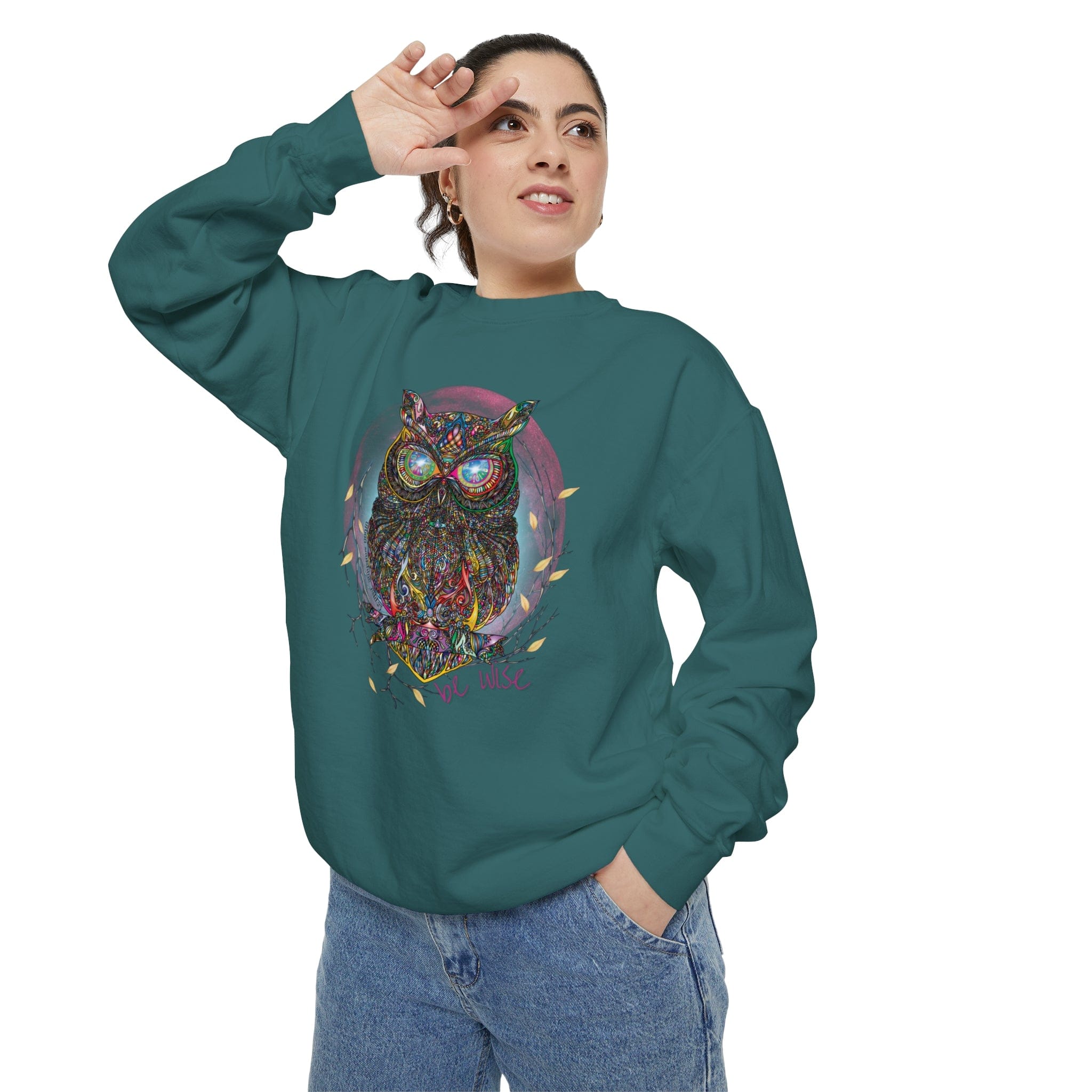 Urban SoulShine & co Crewneck Sweatshirt Blue Spruce / S Be Wise Owl Crewneck Sweatshirt