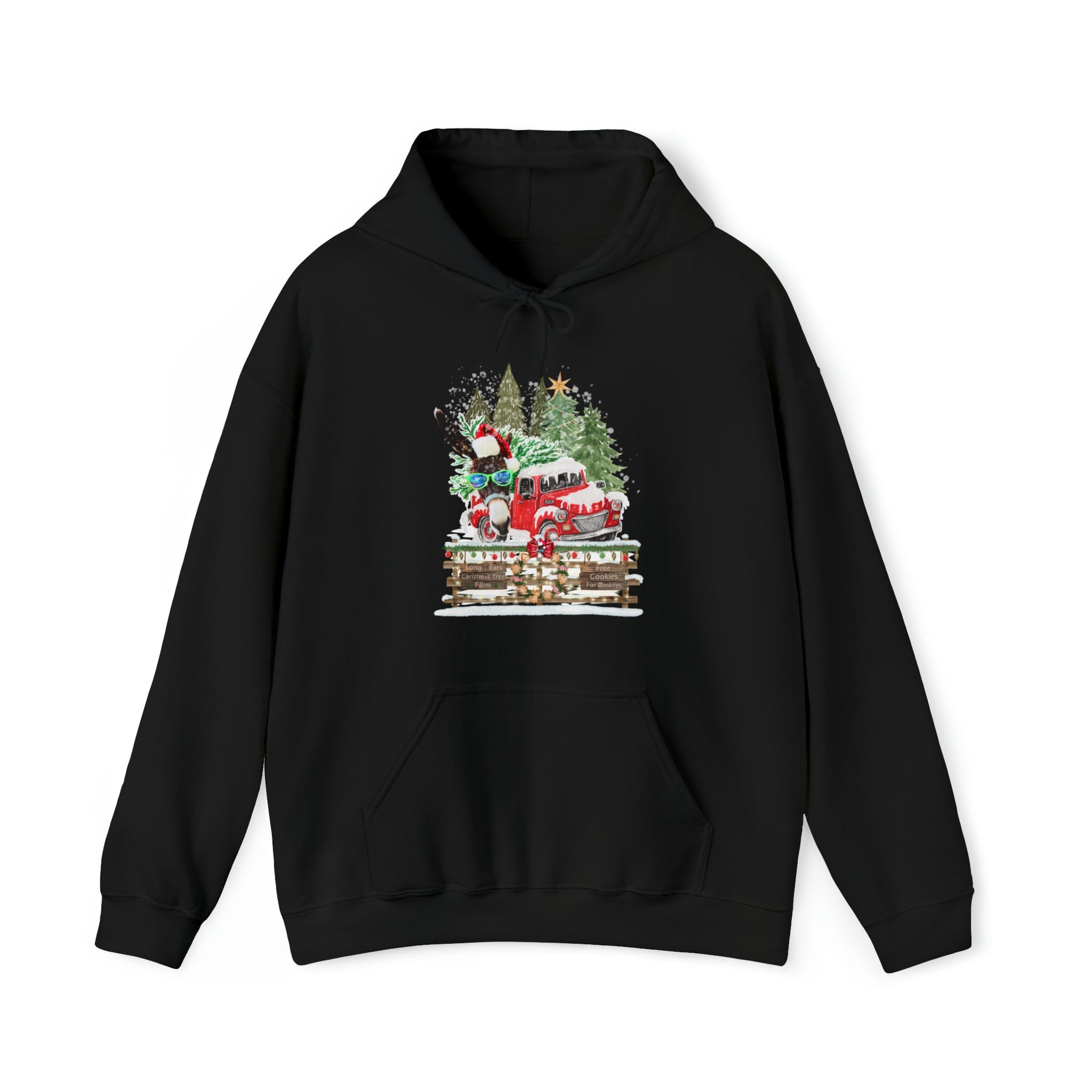 The Long Ears Christmas Tree Farm Donkey Claus Hoodie by Urban SoulShine & Co is a cozy unisex heavy blend sweatshirt that showcases a festive design. It features a delightful scene with a red truck transporting a Christmas tree, surrounded by snow, stars, and pine trees, capturing the perfect holiday spirit on the front.