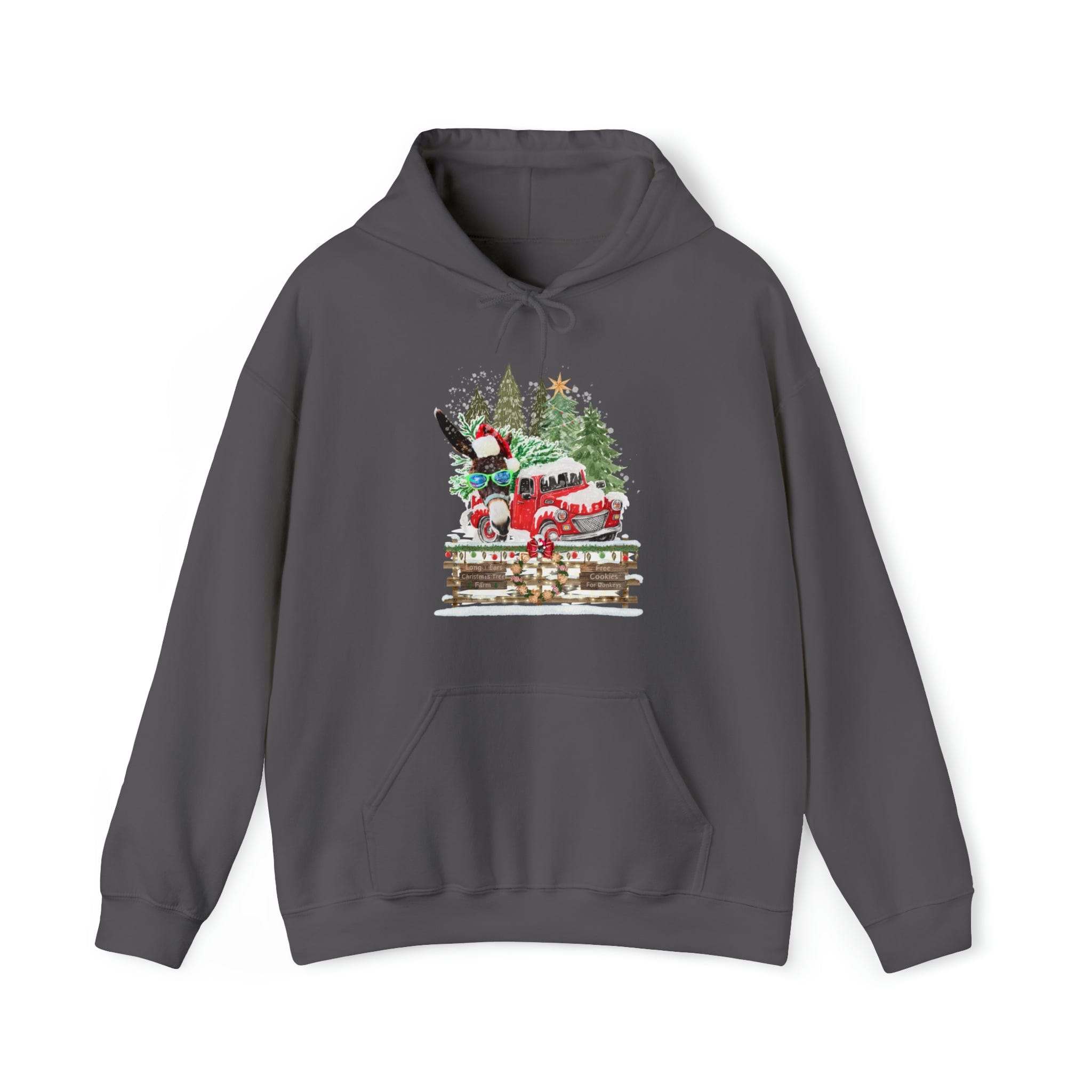 Presenting the Long Ears Christmas Tree Farm Donkey Claus Hoodie by Urban SoulShine & Co—a unisex Heavy Blend™ hooded sweatshirt in dark gray. It features a charming festive design with a red vintage truck carrying a decorated Christmas tree and gifts, set against a snowy scene adorned with stars and snowflakes, providing that perfect cozy feel for the season.