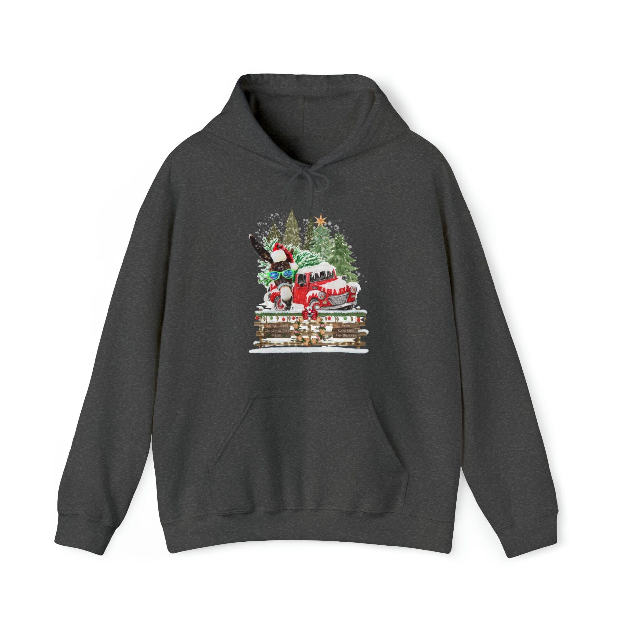 The Long Ears Christmas Tree Farm Donkey Claus Hoodie by Urban SoulShine & Co offers a warm and comfortable fit with its cheerful design, showcasing a red vintage truck, a snowman, and Christmas trees amidst falling snowflakes. The image is perfectly centered on the front, making it the perfect unisex hoodie for celebrating Donkey Claus this Christmas season.