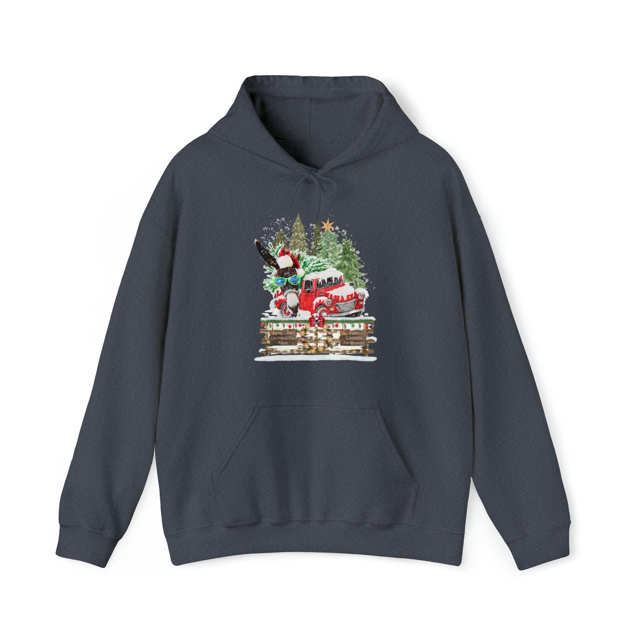 The Urban SoulShine & co Long Ears Christmas Tree Farm Donkey Claus Hoodie offers a cozy and festive feel with its navy design. Featuring a playful red truck decorated with a wreath and candy canes, it carries a Christmas tree amidst a snowy backdrop of trees and stars. This unisex Heavy Blend™ hooded sweatshirt is perfect for adding fun to your holiday wardrobe!