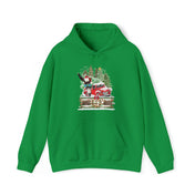 Embrace the warmth of Urban SoulShine & co's green Long Ears Christmas Tree Farm Donkey Claus Hoodie (unisex), adorned with a charming scene featuring a red vintage truck, snow, Christmas trees, a reindeer, and Santa Claus holding a gift. The enchanting background of twinkling snowflakes and stars brings the magic of the season to life.