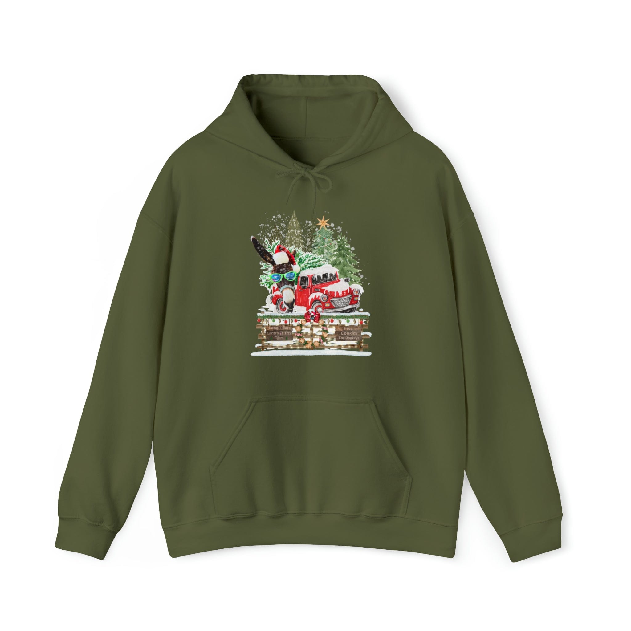 The Long Ears Christmas Tree Farm Donkey Claus Hoodie by Urban SoulShine & co, a green unisex heavy blend sweatshirt, displays a festive front design featuring a red vintage truck transporting a decorated Christmas tree. Snowflakes and holiday ornaments encircle the truck, creating a cozy atmosphere with a cheerful winter holiday theme.