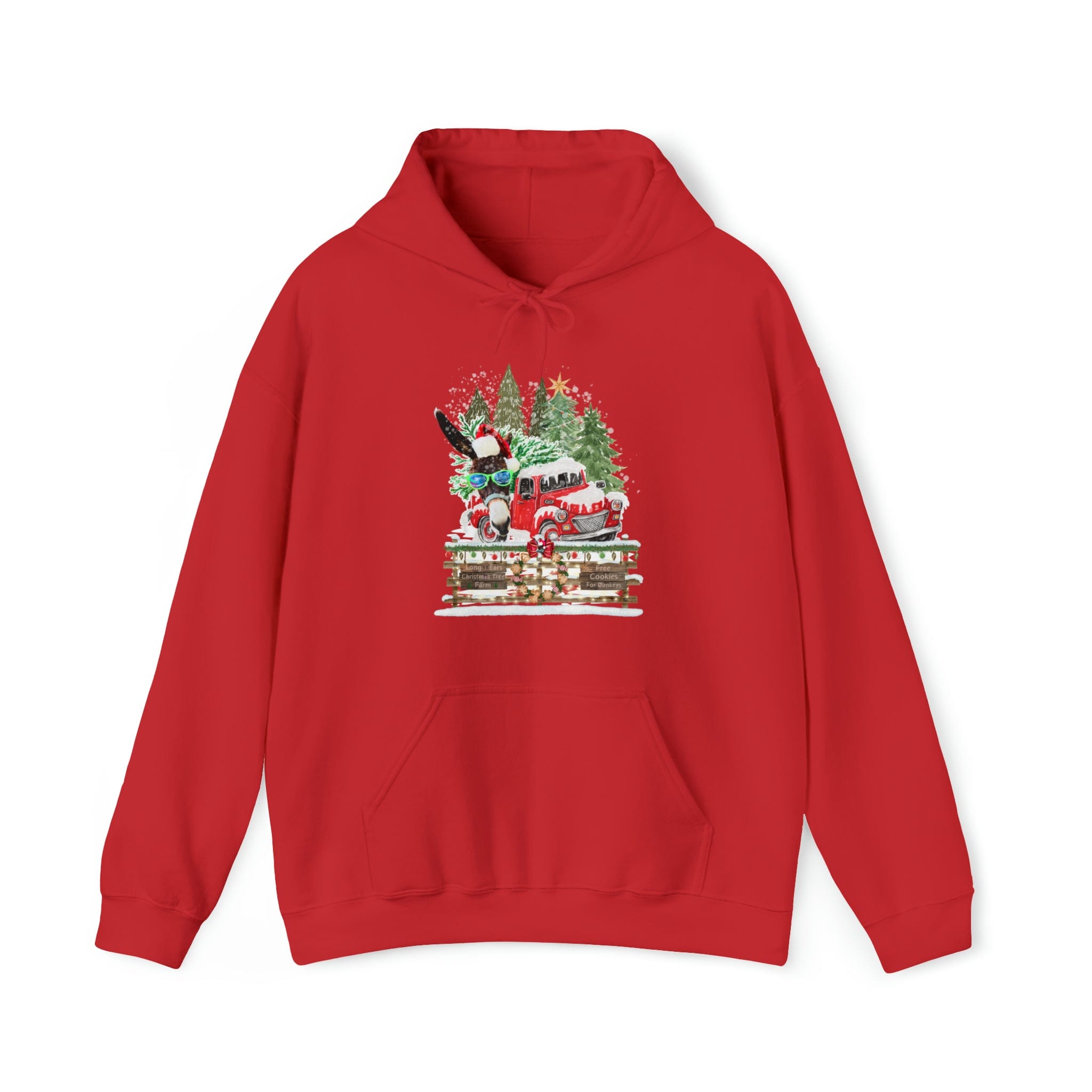 This Urban SoulShine & co Long Ears Christmas Tree Farm Donkey Claus Hoodie features a festive design of a red truck filled with Christmas gifts and trees, embellished with snowflakes, holly, and a black-and-white dog in a Santa hat. Providing a cozy feel, it is perfect for any holiday gathering.