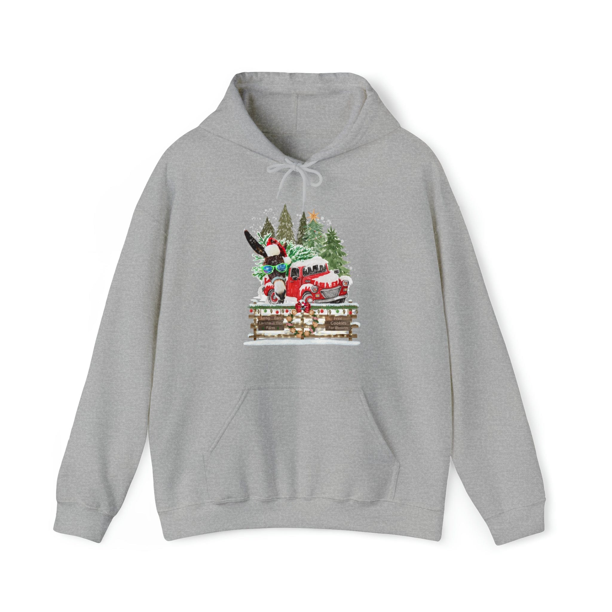 Get into the holiday spirit with the Long Ears Christmas Tree Farm Donkey Claus Hoodie (unisex) from Urban SoulShine & co. This gray sweatshirt offers a cozy feel and features a charming print of a red truck loaded with a Christmas tree and presents. Snow-covered trees and a wreath-adorned wooden fence complete this festive scene.