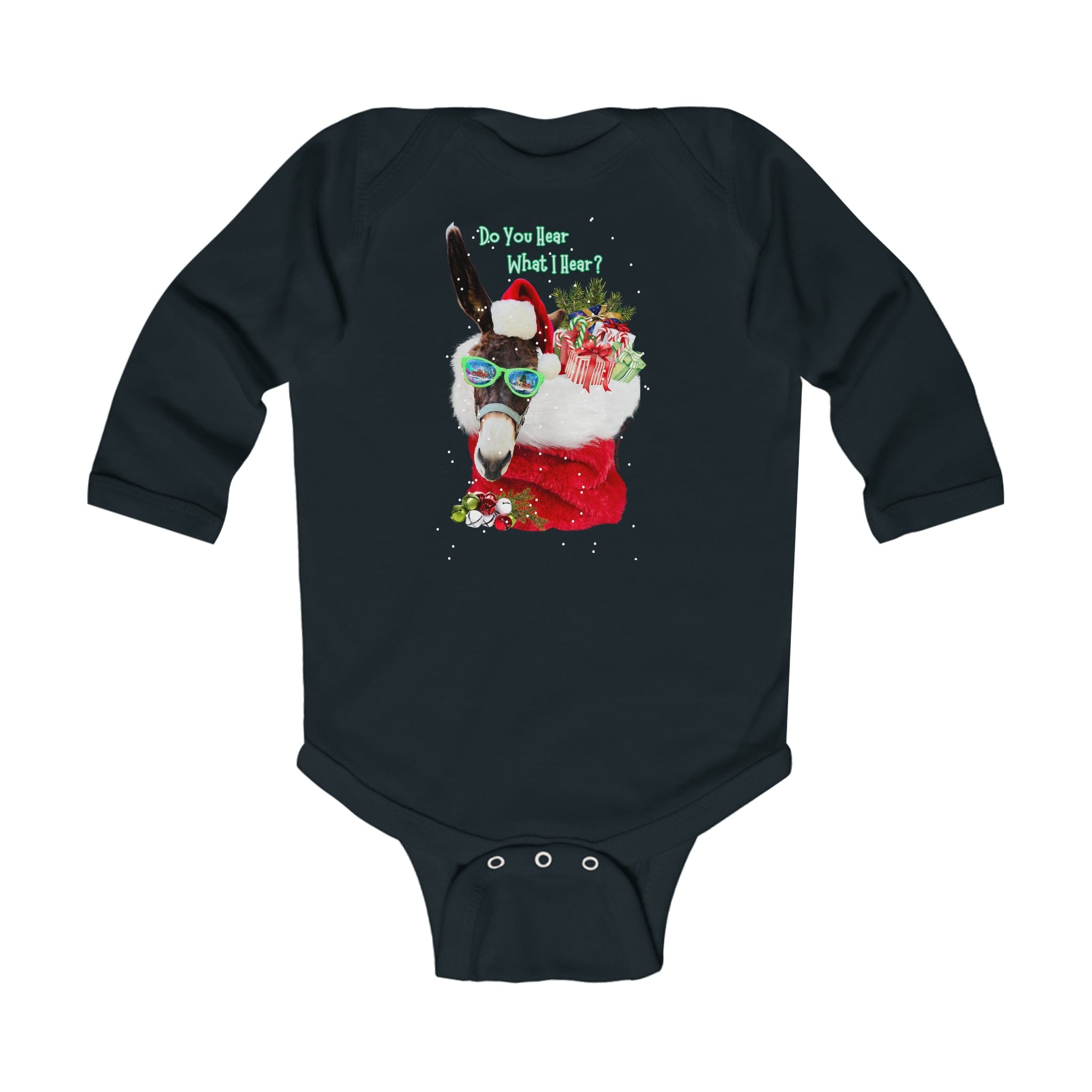 This dark green long sleeve onesie, crafted by Urban SoulShine & co, features the playful Donkey Claus design with a donkey wearing a Santa hat and goggles, cheerfully carrying vibrant presents. Above the scene, the text whimsically asks, "Do You Hear What I Hear?