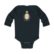 The dark green long-sleeve cotton onesie, part of Urban SoulShine & co's collection, showcases a radiant image reminiscent of a religious icon. The figure is encircled by a halo with rays stretching outward, accompanied by the text "My Reason" below. This baby bodysuit is named Jesus Is My Reason Long Sleeve Onesie Bodysuit (Infant).