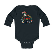 The Urban SoulShine & co Joy To The World Donkey Christmas Long Sleeve Onesie for infants is a black design featuring the phrase "Toy World" on the front. The letters are embellished with colorful cartoon characters and toys, adding a playful and vibrant touch. Convenient snap closures at the bottom ensure easy dressing and maximum comfort for your little one.