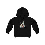 The Donkey Claus Street Player Hoodie by Urban SoulShine & co, designed for youth and unisex fit, features a black backdrop with a whimsical illustration of two snowmen clad in winter gear. One snowman holds a lantern near a beautifully adorned Christmas tree surrounded by gifts, set against a snowy scene. It's the ideal choice for those who enjoy festive cheer with stylish flair.