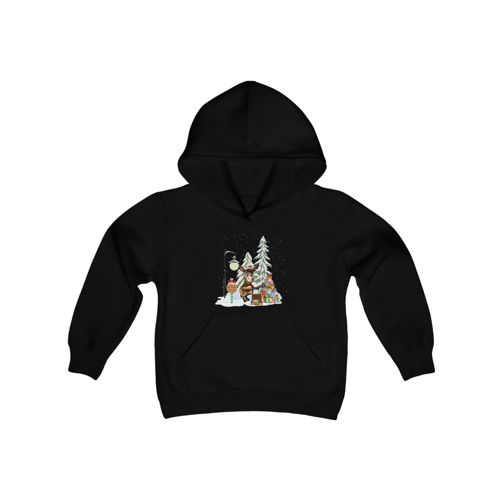 The Donkey Claus Street Player Hoodie by Urban SoulShine & co, designed for youth and unisex fit, features a black backdrop with a whimsical illustration of two snowmen clad in winter gear. One snowman holds a lantern near a beautifully adorned Christmas tree surrounded by gifts, set against a snowy scene. It's the ideal choice for those who enjoy festive cheer with stylish flair.