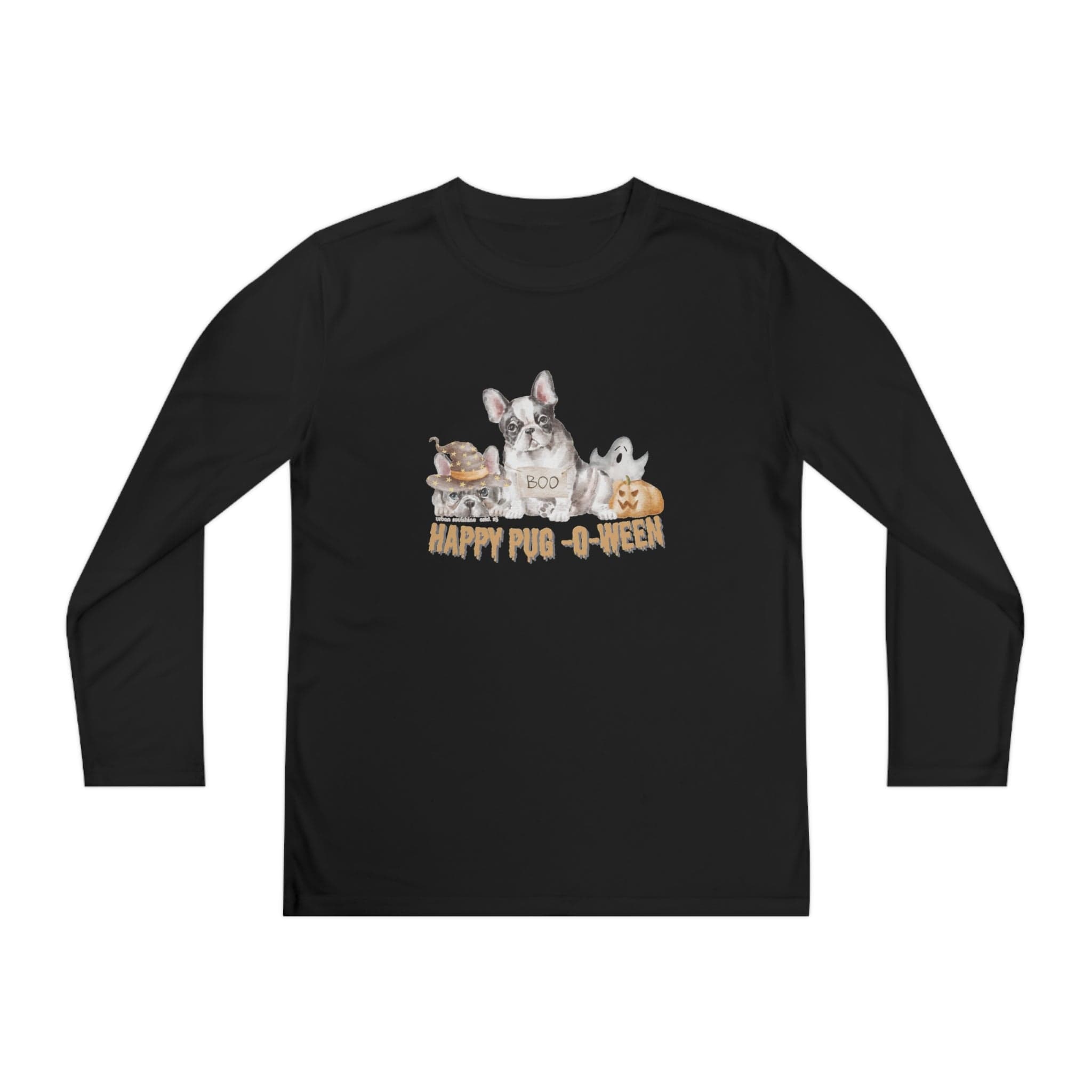  S Happy Pug-O-Ween Halloween Youth Long Sleeve Moisture Wicking Tee