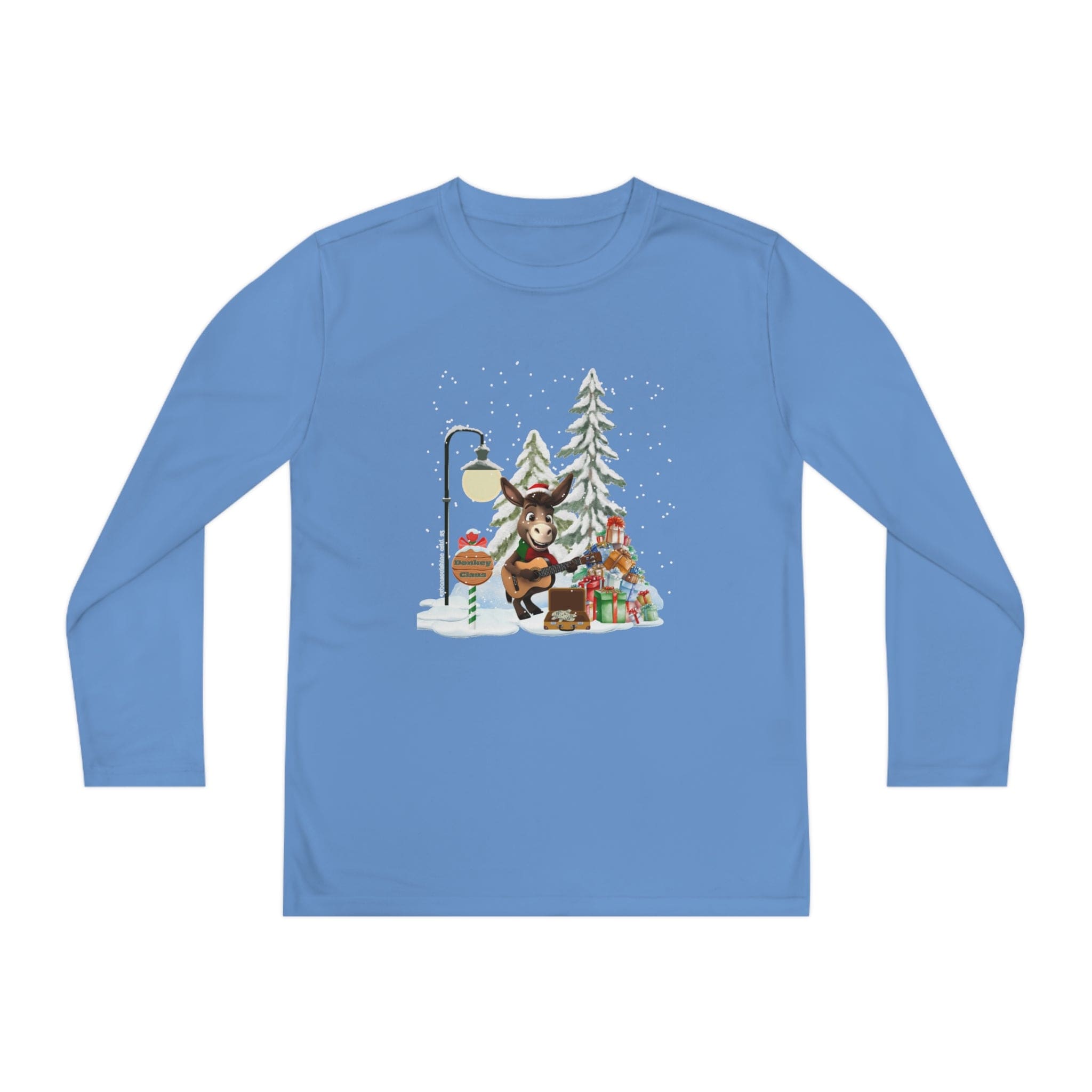 This Urban SoulShine & Co Donkey Claus Street Player Christmas Long Sleeve Competitor Tee (Youth Unisex) showcases a vibrant holiday design featuring a bear playing guitar by the lamp post, surrounded by snow-dusted trees and bright presents. Made with advanced PosiCharge technology, it ensures moisture-wicking comfort as snowflakes elegantly fall in the scene.