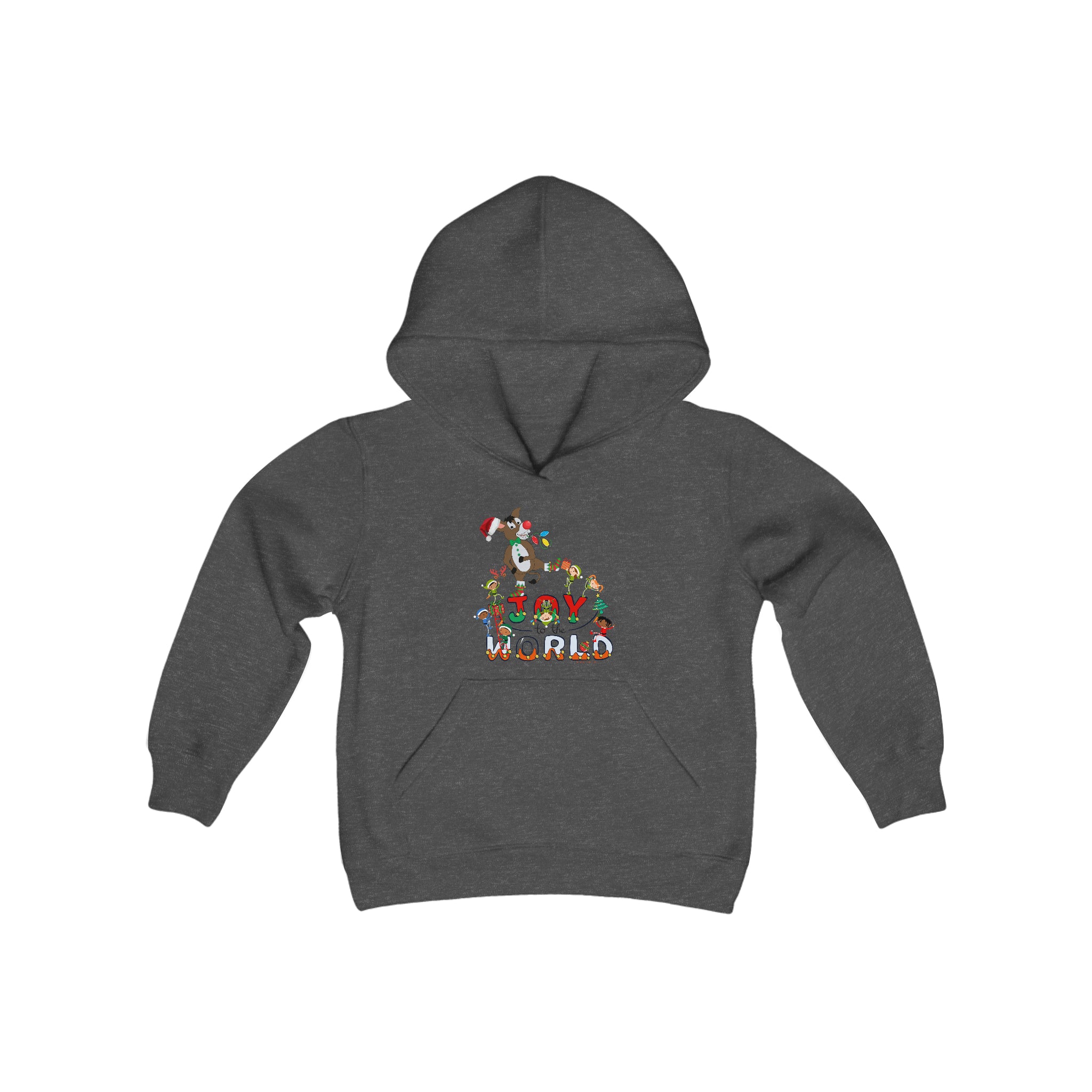 The Joy To The World Donkey Claus Christmas Hoodie (Youth Unisex) by Urban SoulShine & co is a dark gray sweatshirt that showcases a vibrant graphic on the front, featuring the phrase "Joy to the World" along with festive elements such as a Santa hat, Christmas decorations, and an adorable Donkey Claus image. It is made from ultra-soft fleece for ultimate comfort.