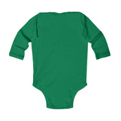 Urban SoulShine & co's "Do You Hear What I Hear Donkey Claus Long Sleeve Onesie (Infant)" showcases a charming Donkey Claus motif on a green long-sleeve bodysuit, displayed on a white backdrop and viewed from the back.