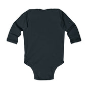 A long-sleeved "Do You Hear What I Hear Donkey Claus" onesie in dark green from Urban SoulShine & co is shown from the back. The smooth fabric includes snap closures at the bottom for easy changing, and the garment is laid flat to highlight its shape and design.