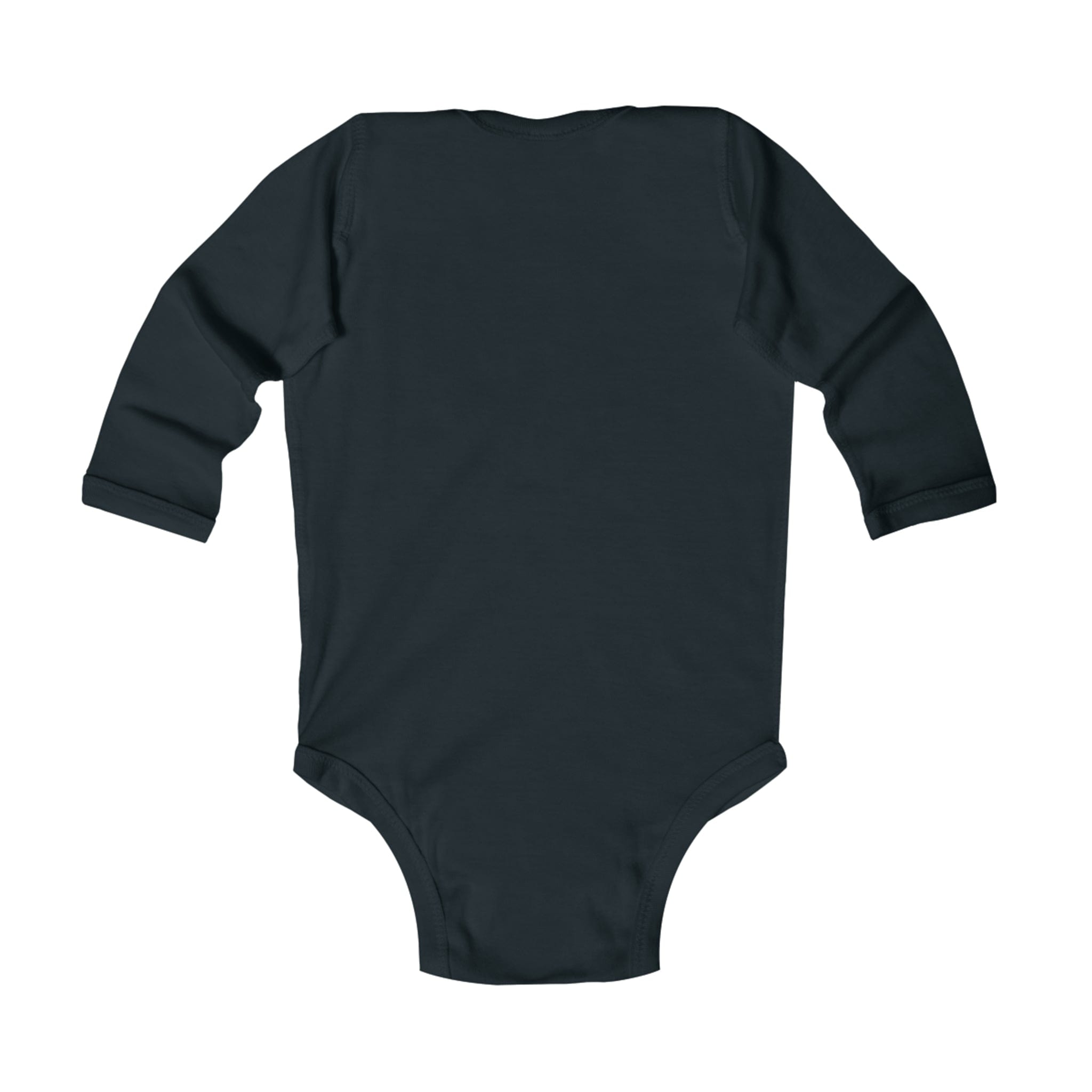 A long-sleeved "Do You Hear What I Hear Donkey Claus" onesie in dark green from Urban SoulShine & co is shown from the back. The smooth fabric includes snap closures at the bottom for easy changing, and the garment is laid flat to highlight its shape and design.