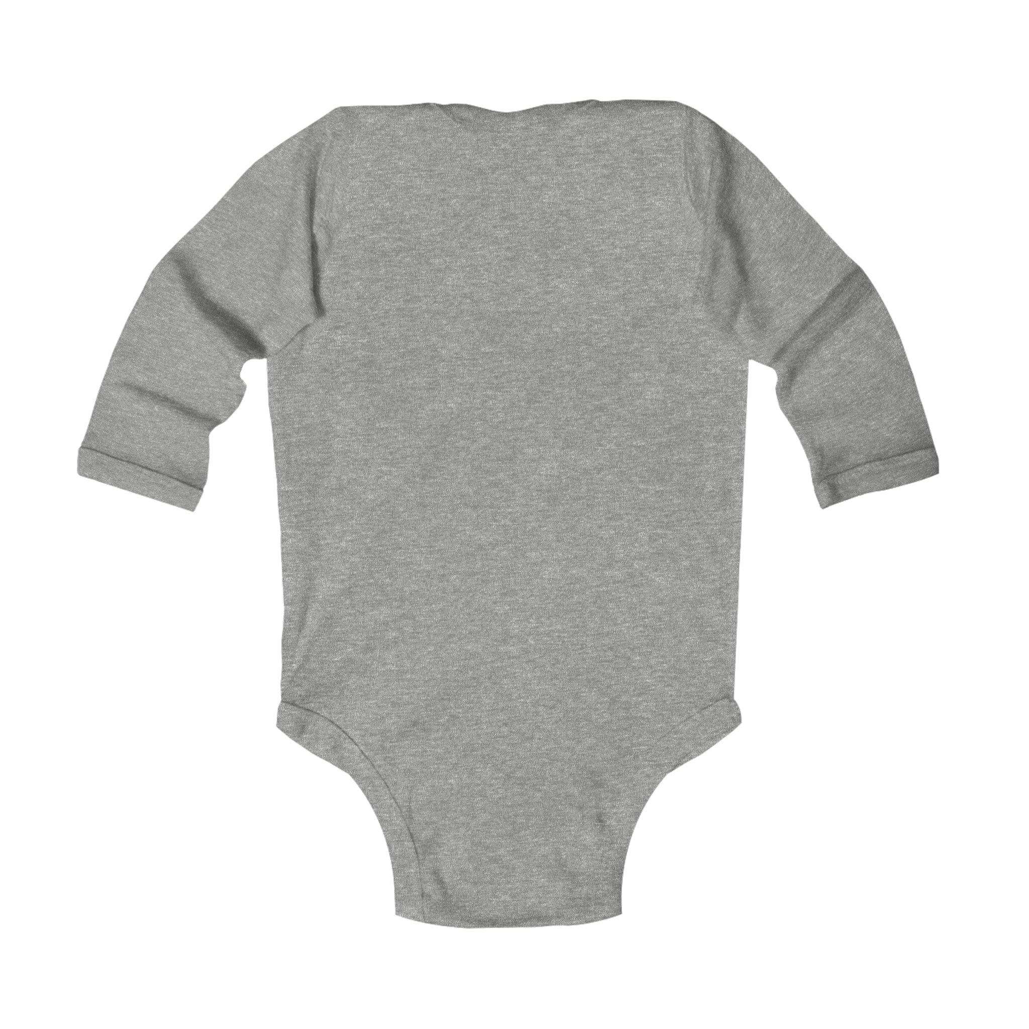 The Do You Hear What I Hear Donkey Claus Long Sleeve Onesie (Infant) by Urban SoulShine & co is displayed lying flat, showcasing its back view. This plain gray bodysuit features long sleeves and a snap closure at the bottom, embodying a simple and practical design that echoes the versatility and charm of the Donkey Claus motif.