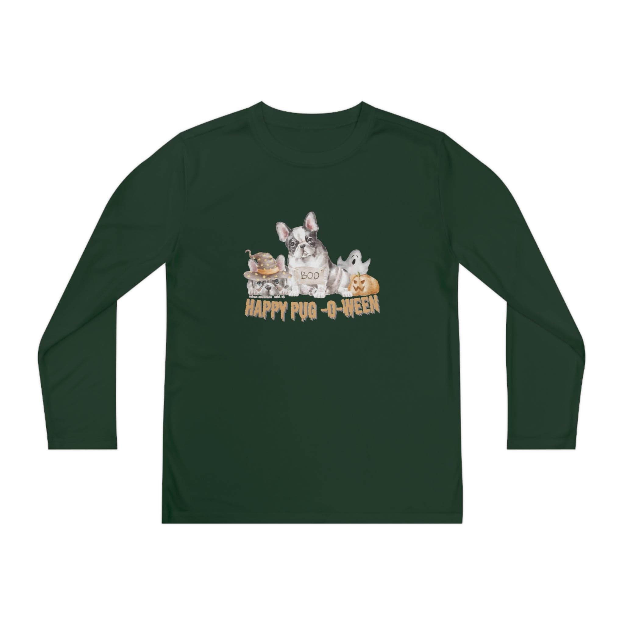 Urban SoulShine & co Kids clothes Forest Green / L Happy Pug-O-Ween Halloween Youth Long Sleeve Moisture Wicking Tee