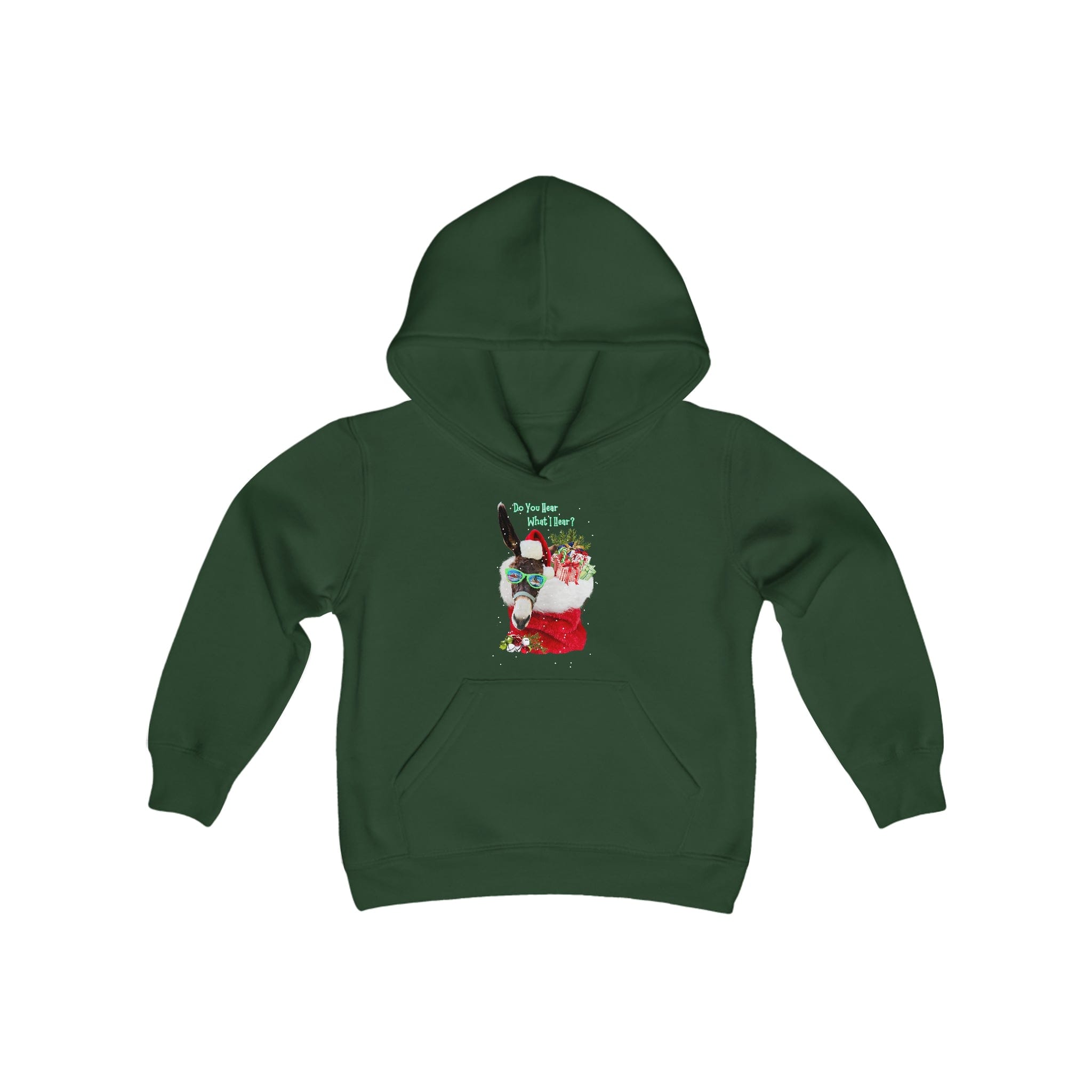 Introducing the "Do You Hear What I Hear Donkey Claus Hoodie" from Urban SoulShine & co, a snug youth unisex sweatshirt that features a charming design of a dog wearing reindeer antlers, glasses, and a Santa hat. The hoodie is adorned with the playful message "It's Too Early For You to Say Happy Holidays!" for an extra touch of festive cheer.