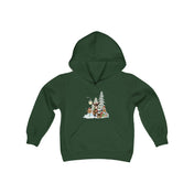 Introducing the Youth Unisex Donkey Claus Street Player Hoodie by Urban SoulShine & co: a lively green custom hoodie featuring a whimsical design of cartoon characters in winter outfits gathering merrily around a snow-covered tree adorned with gifts, all set against a wintry landscape.