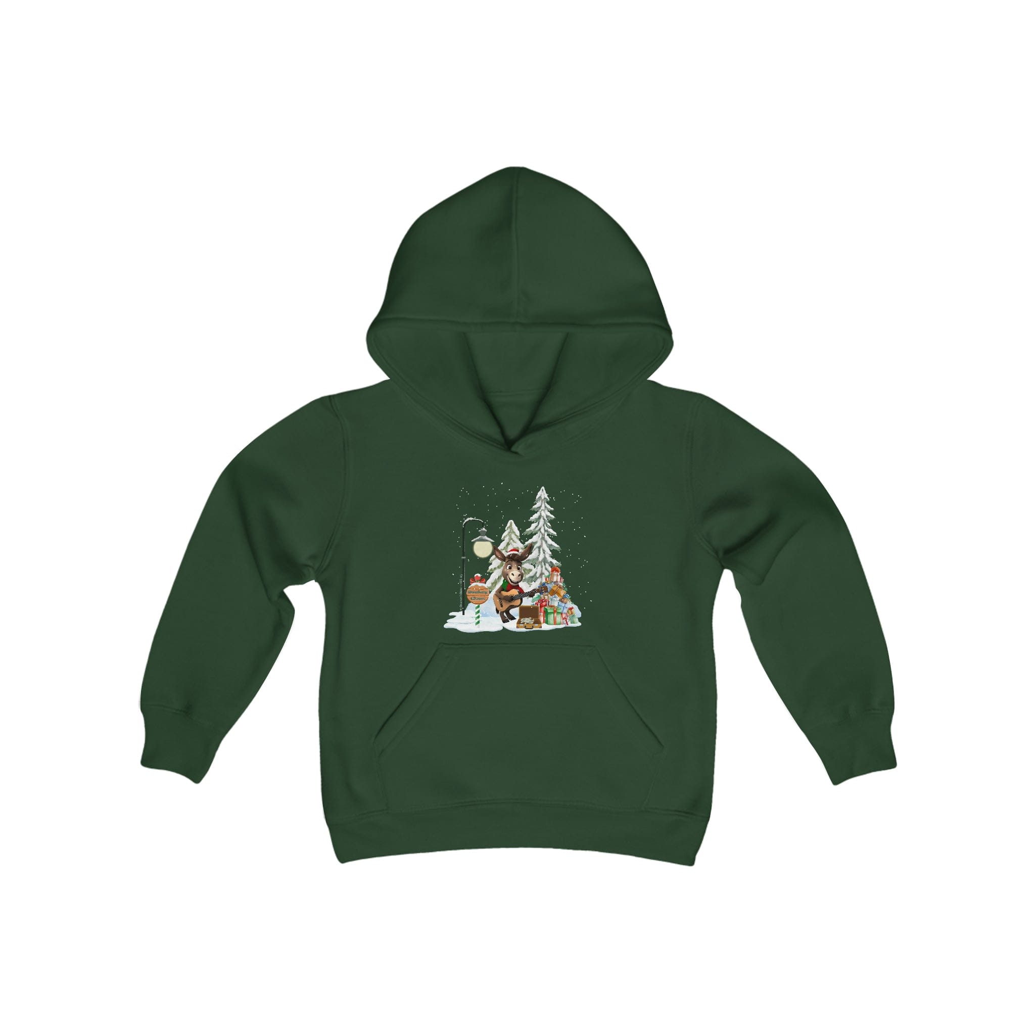 Introducing the Youth Unisex Donkey Claus Street Player Hoodie by Urban SoulShine & co: a lively green custom hoodie featuring a whimsical design of cartoon characters in winter outfits gathering merrily around a snow-covered tree adorned with gifts, all set against a wintry landscape.