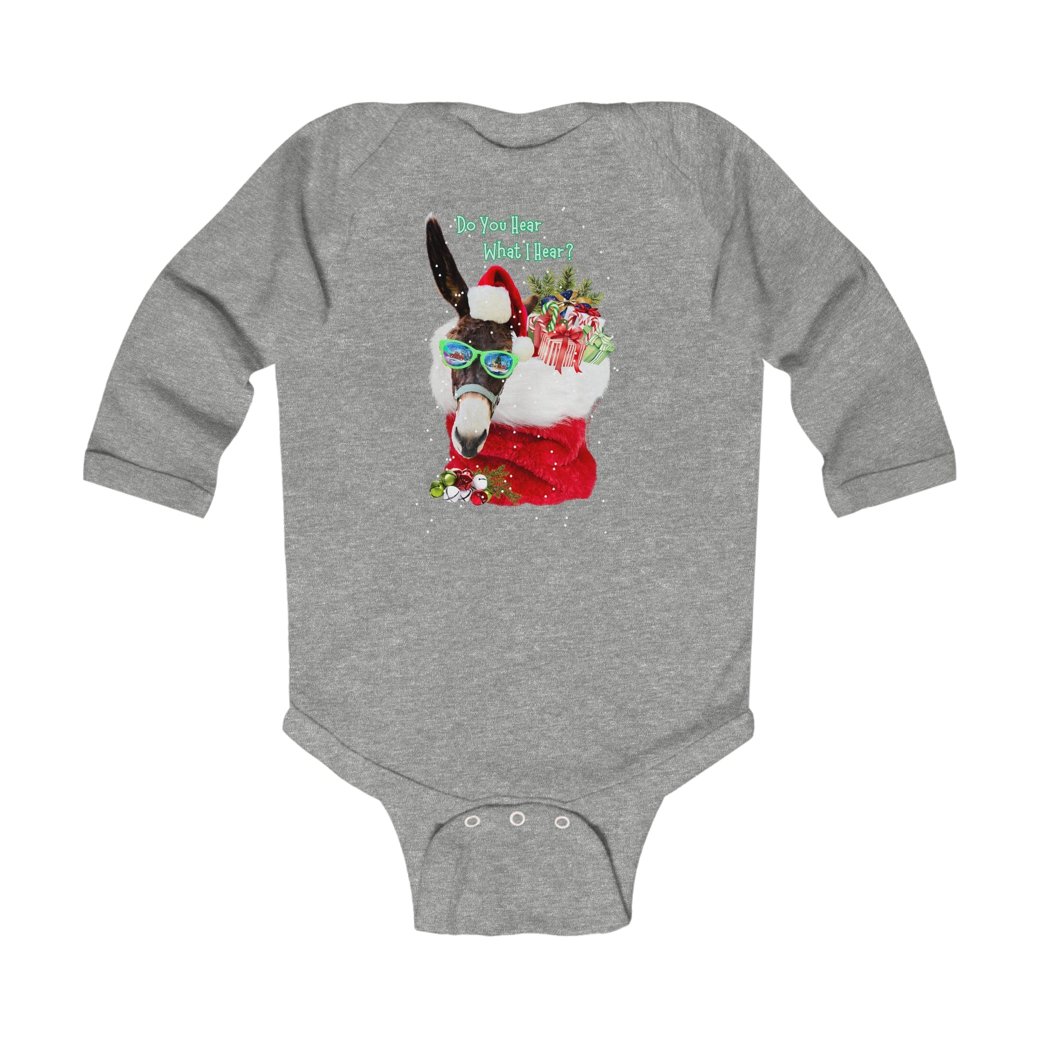 Gray long sleeve infant onesie titled "Do You Hear What I Hear Donkey Claus" by Urban SoulShine & co, showcasing a festive llama adorned with sunglasses and a Santa hat, Christmas lights, and a red scarf. The text reads: "Do you hear what I hear?