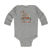 This Urban SoulShine & co infant long sleeve onesie, named "Joy To The World Donkey Christmas," features festive illustrations including a penguin in a Santa hat, gift boxes, and pine trees. Perfect for the season, its convenient snap closures make it easy to dress your little one with joyful holiday cheer.