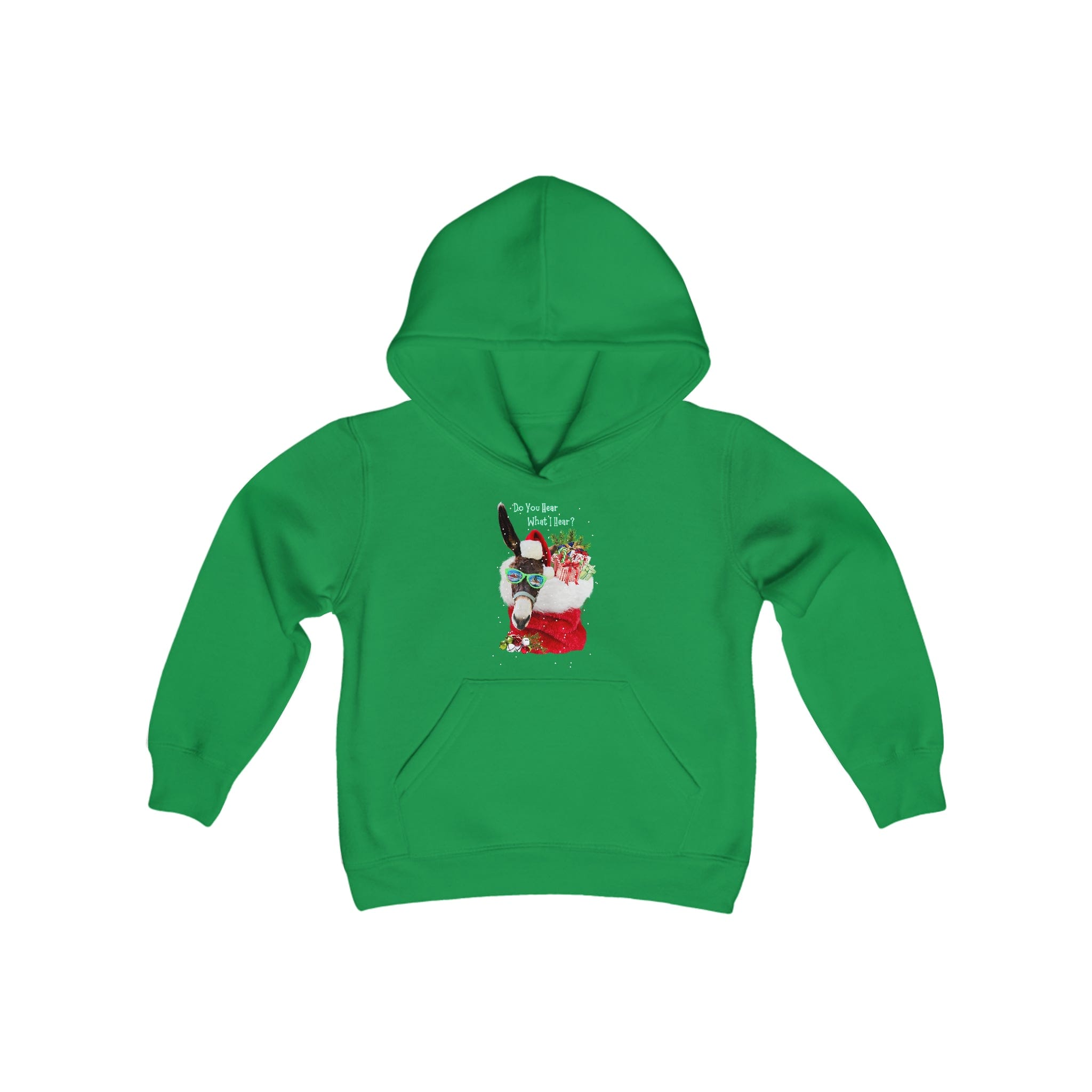 The "Do You Hear What I Hear Donkey Claus Hoodie (Youth Unisex)" by Urban SoulShine & Co features a green design with a festive Santa Claus dabbing, complete with a red and white scarf and hat. Snowflakes and the phrase "Dab Your Way to Christmas" enhance the holiday spirit against a white backdrop, making it an ideal choice for those looking for unique custom hoodie designs.