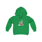 Introducing the Urban SoulShine & co's Donkey Claus Street Player Hoodie (Youth Unisex) in green, showcasing a whimsical winter scene with cartoon characters next to a snowy tree and streetlamp, highlighted by the playful Donkey Claus design.