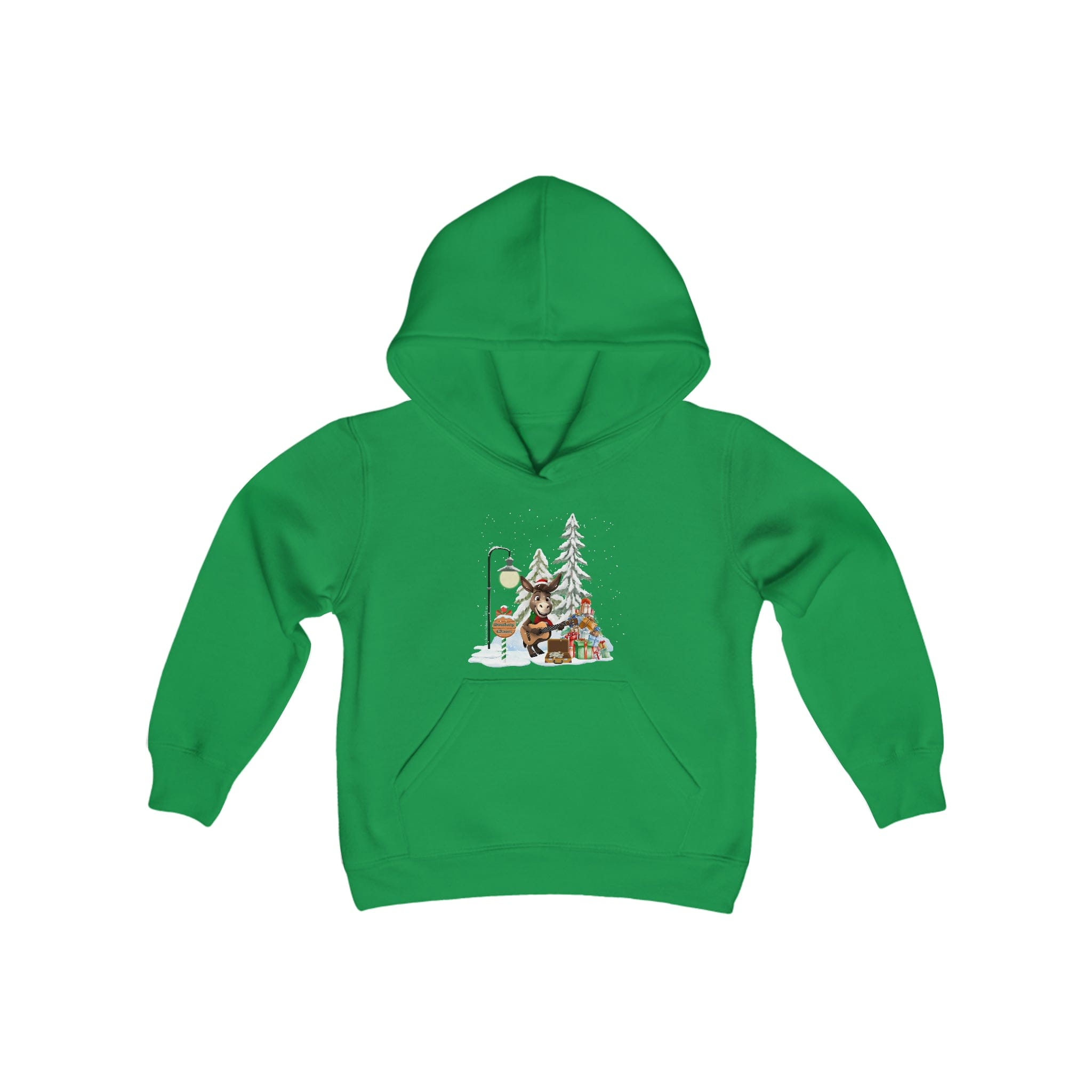 Introducing the Urban SoulShine & co's Donkey Claus Street Player Hoodie (Youth Unisex) in green, showcasing a whimsical winter scene with cartoon characters next to a snowy tree and streetlamp, highlighted by the playful Donkey Claus design.