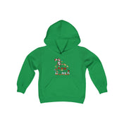 This Joy To The World Donkey Claus Christmas Hoodie by Urban SoulShine & co, designed for youth in unisex sizing, showcases a festive pattern on the front. The green ultra-soft fleece hoodie features the text "GAMER WORLD" encircled by vibrant holiday-themed images like candy canes and ornaments.