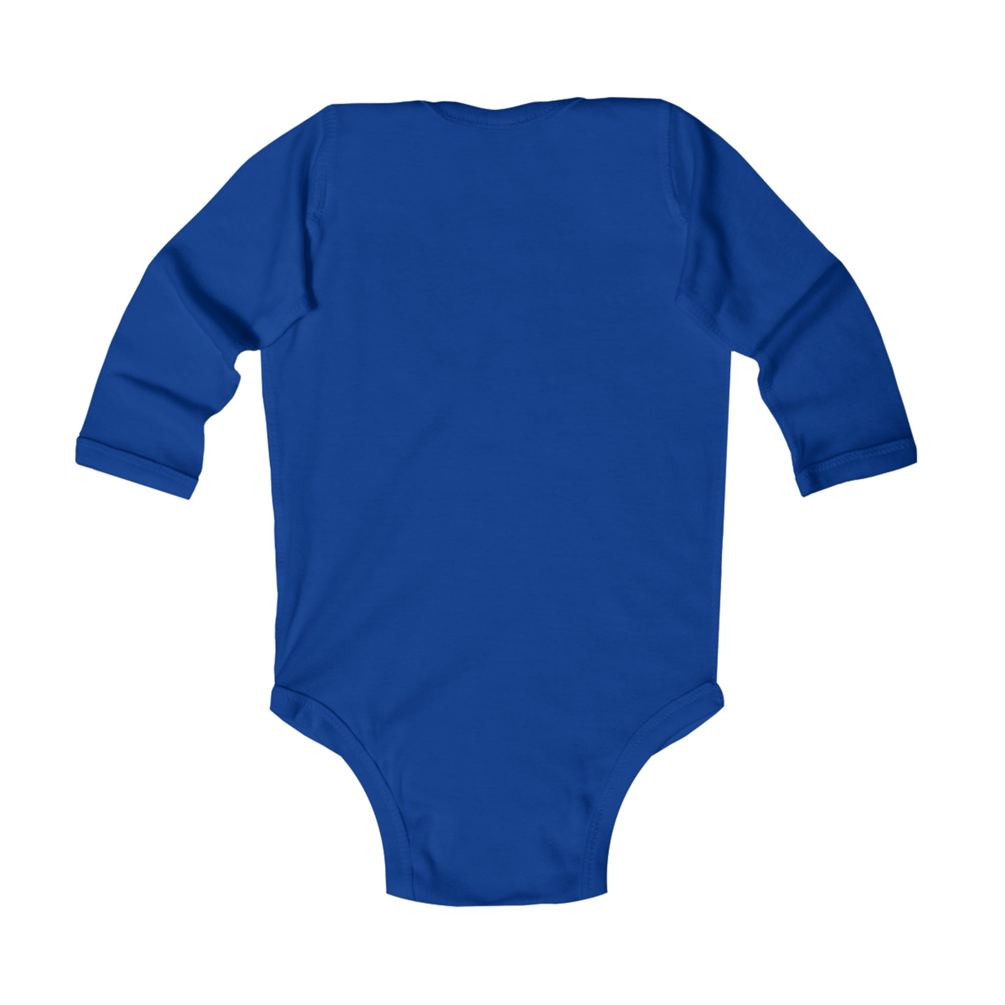 An infant long-sleeve onesie, named the Joy To The World Donkey Christmas Long Sleeve Onesie by Urban SoulShine & Co, is shown in blue from the back. This garment is simple, without any designs or patterns, and includes a practical snap closure at the bottom.