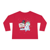 The Urban SoulShine & co "Joy To The World Snowman Christmas Toddler Long Sleeve Tee" features a cheerful snowman adorned with a hat and scarf. Next to the snowman, a festive sign announces "Joy to the World," accompanied by holiday decorations. The phrase "Joy to You & Me" is displayed at the bottom, making this red long-sleeve tee ideal for celebrating the holiday season.