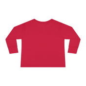 A Joy To The World Snowman Christmas Toddler Long Sleeve Tee by Urban SoulShine & co is laid flat, showcasing the back view. The shirt, an excellent choice for a Christmas toddler tee, features a solid red color with no visible designs or logos. The sleeves are unfolded and spread out to the sides.