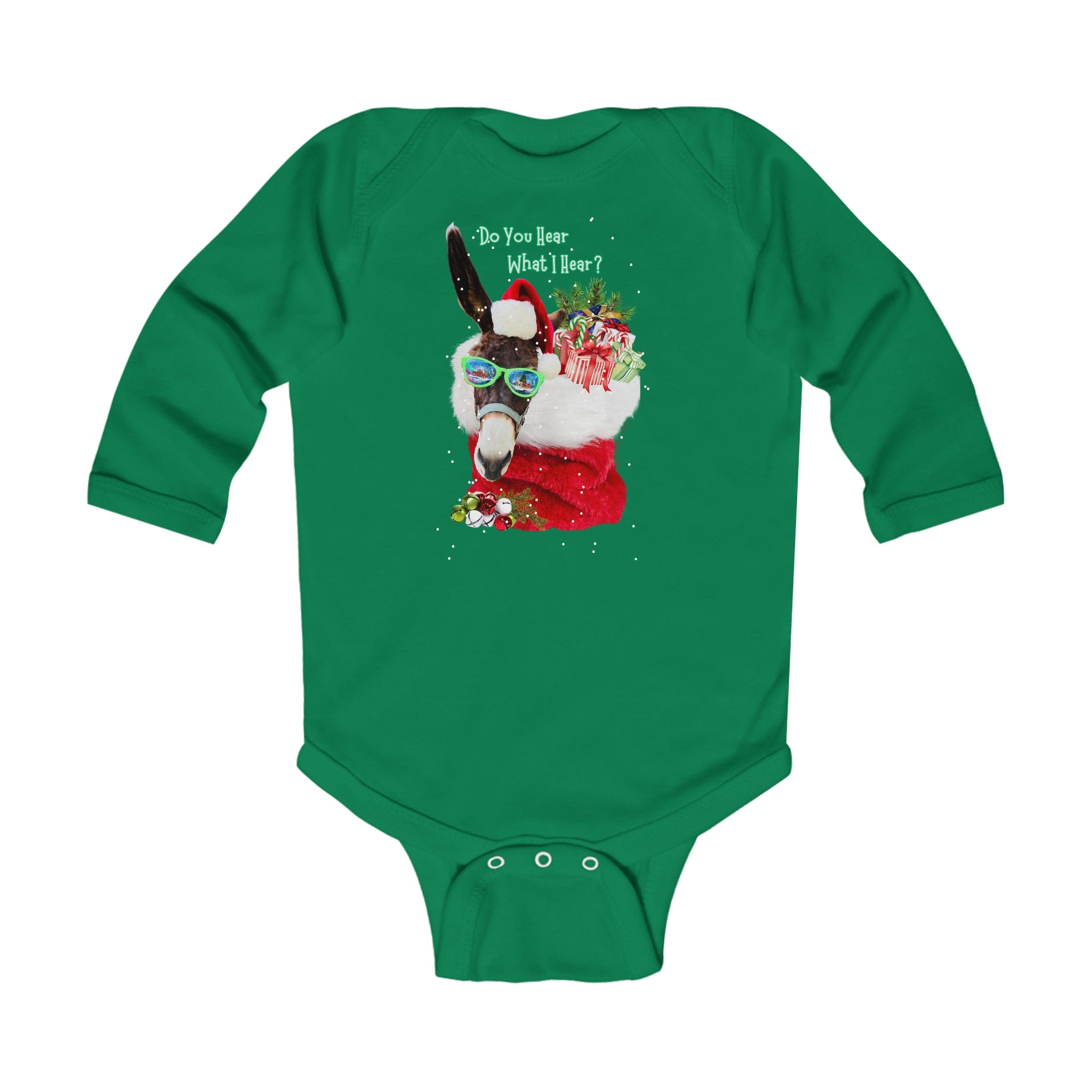 The "Do You Hear What I Hear Donkey Claus Long Sleeve Onesie" from Urban SoulShine & co features a llama sporting sunglasses and a Santa hat, cozy inside a Christmas stocking. The playful text by the llama's head adds to this green infant bodysuit's festive charm and whimsical design.