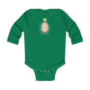 Urban SoulShine & co's Jesus Is My Reason Long Sleeve Onesie Bodysuit (Infant) is a charming green cotton outfit featuring long sleeves and adorned with a small graphic of a baby's footprint inside a glowing yellow sunburst, along with the words "My Reason" below. This bodysuit is perfect for your little one.