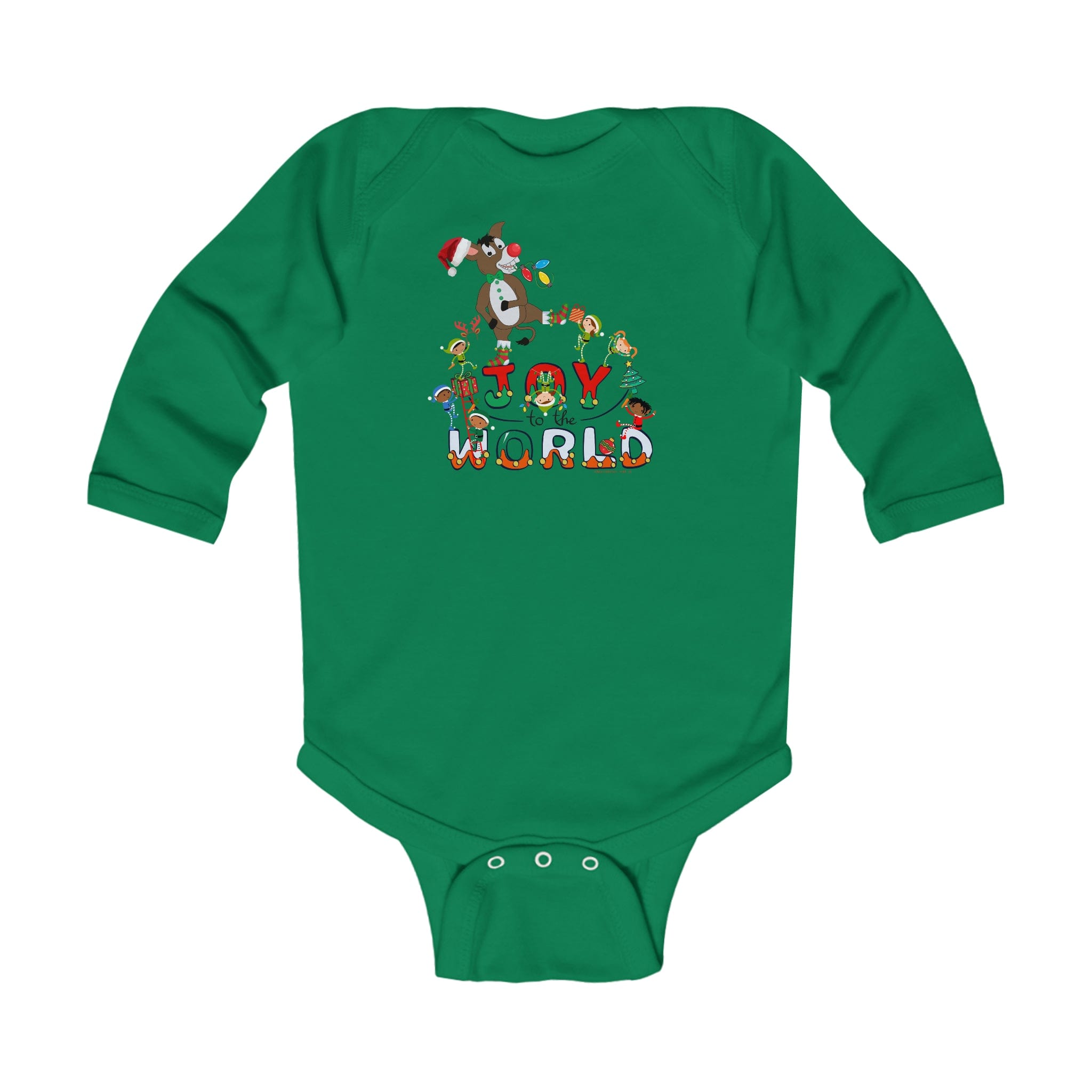 Urban SoulShine & co's Joy To The World Donkey Christmas Long Sleeve Onesie for infants showcases festive illustrations with a charming Christmas Donkey design and the phrase "Joy to the World" across the front.