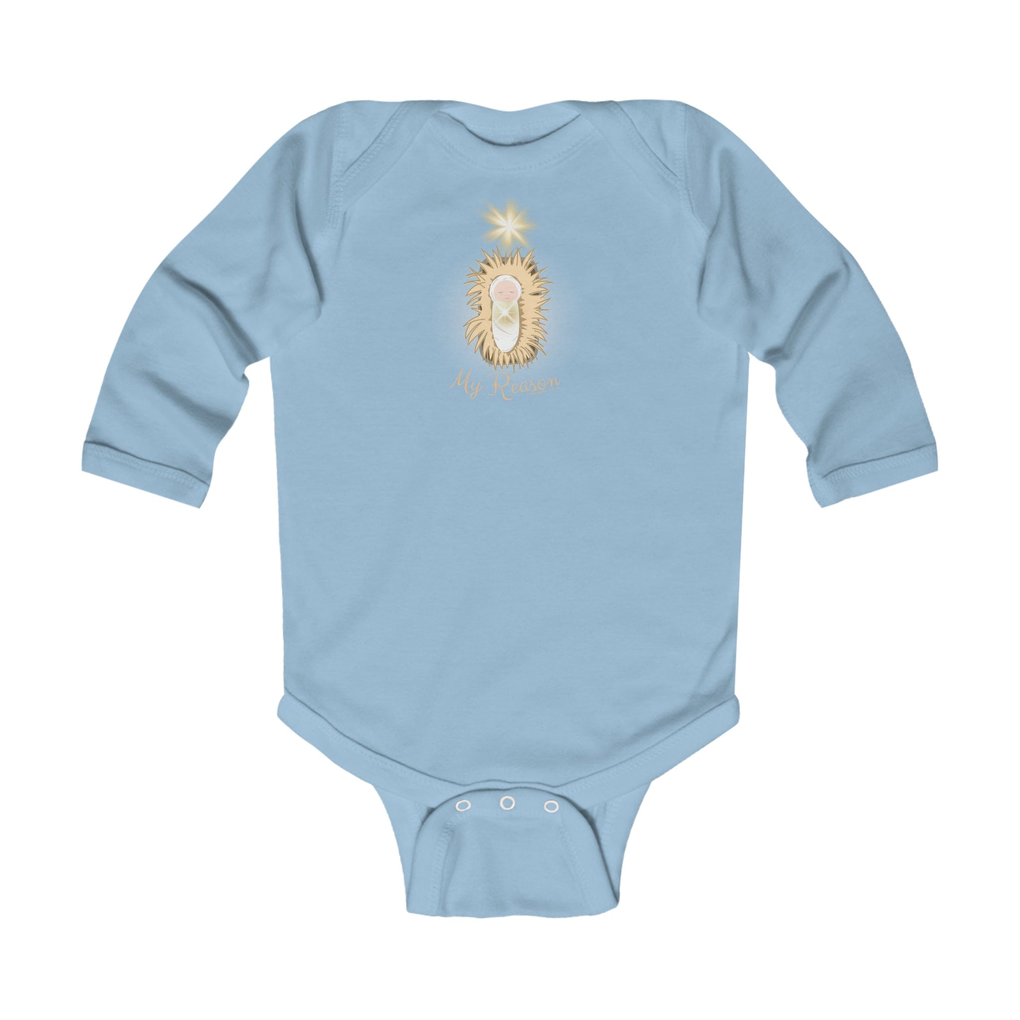 This light blue cotton baby clothing item, the Jesus Is My Reason Long Sleeve Onesie Bodysuit (Infant) from Urban SoulShine & co, features a sunburst design surrounding a small face above the text "My Reason." It comes with three snap buttons at the bottom for convenience.