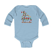 The Joy To The World Donkey Christmas Long Sleeve Onesie by Urban SoulShine & co showcases a colorful Christmas Donkey design with the phrase "Joy to the World," surrounded by festive characters and decorations, all on a light blue background.