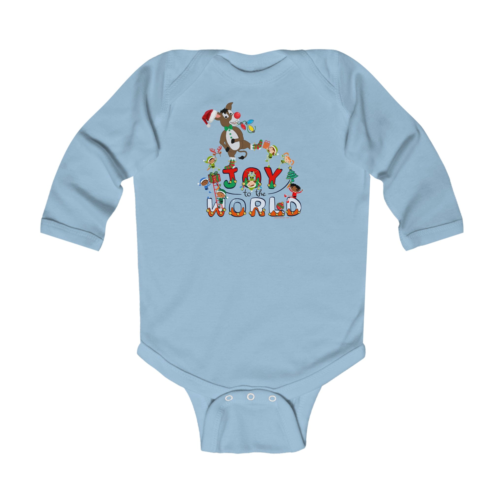 The Joy To The World Donkey Christmas Long Sleeve Onesie by Urban SoulShine & co showcases a colorful Christmas Donkey design with the phrase "Joy to the World," surrounded by festive characters and decorations, all on a light blue background.