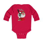 This cheerful red infant long-sleeve onesie from Urban SoulShine & co features a trendy llama sporting sunglasses and a Santa hat, along with a stack of gifts. Playful text above reads, "Do you hear what I hear?" making it ideal for spreading holiday joy!