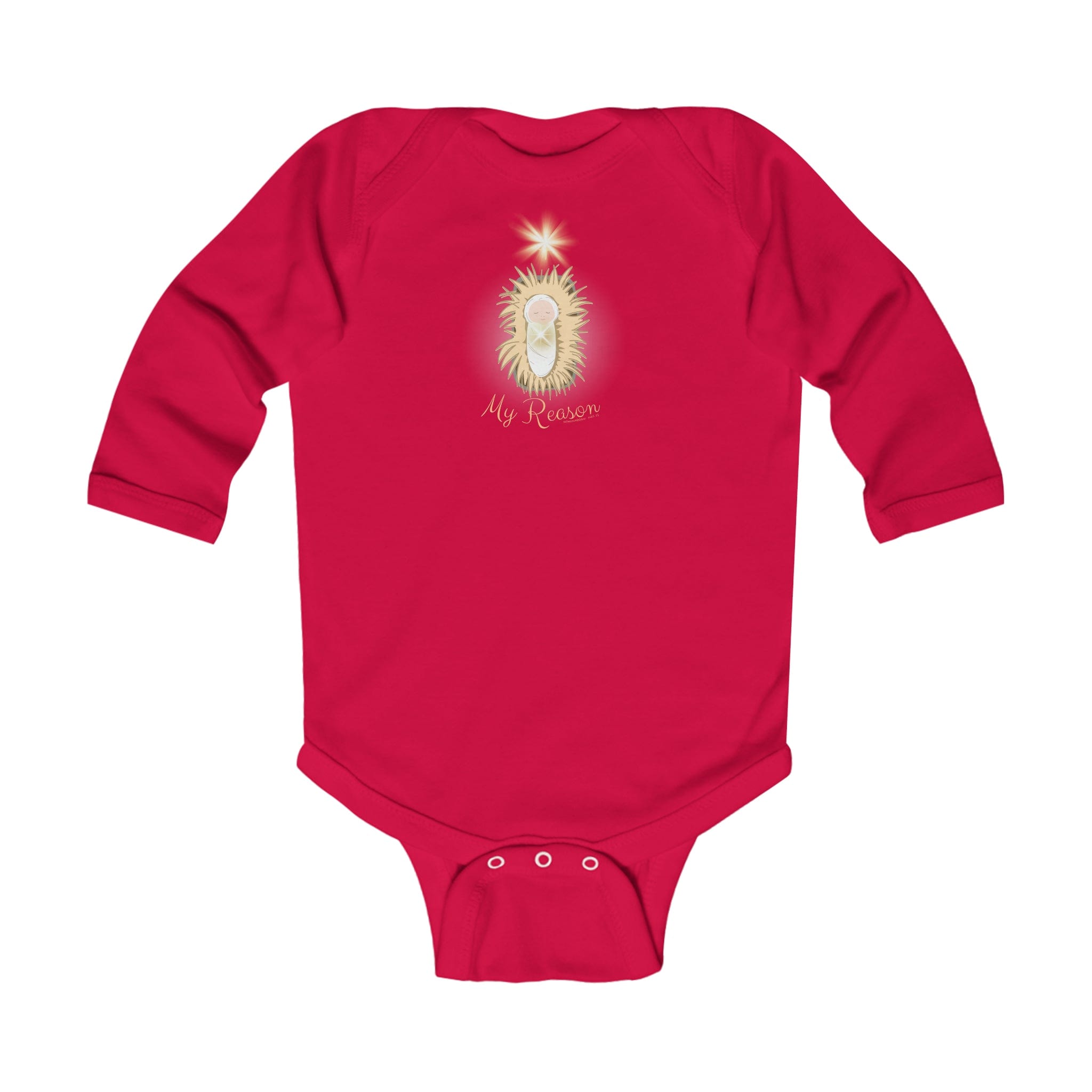 The "Jesus Is My Reason" Long Sleeve Onesie Bodysuit by Urban SoulShine & co is a vibrant red cotton outfit for infants, designed with an illuminated heart and the words "My Reason." It features three bottom snaps for easy closure, combining cuteness with practicality.