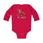 Introducing the Urban SoulShine & co "Joy To The World Donkey Christmas Long Sleeve Onesie" in a vibrant red color. Adorned with sparkling festive graphics, including playful holiday-themed elements and a whimsical Christmas Donkey design, this onesie is perfect for your baby's joyful celebrations.