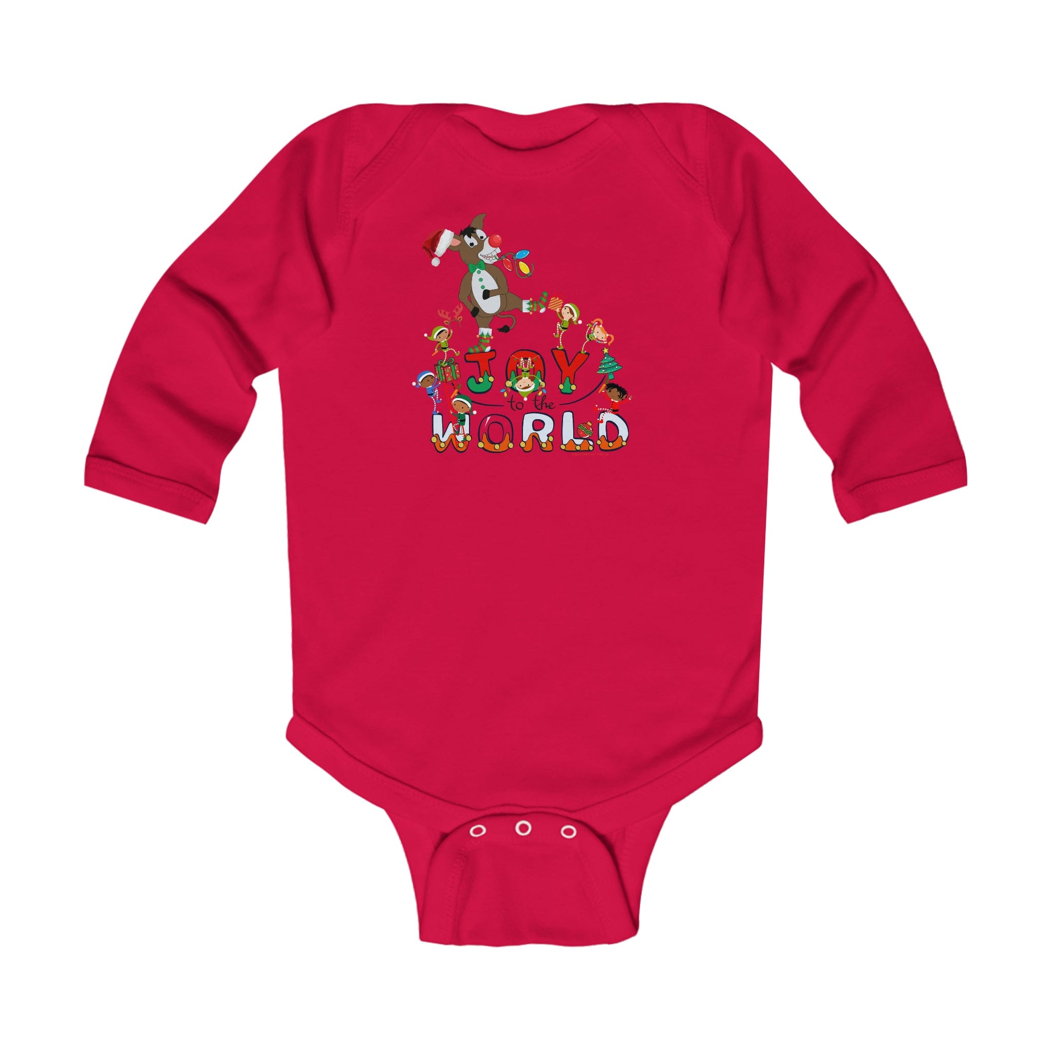 Introducing the Urban SoulShine & co "Joy To The World Donkey Christmas Long Sleeve Onesie" in a vibrant red color. Adorned with sparkling festive graphics, including playful holiday-themed elements and a whimsical Christmas Donkey design, this onesie is perfect for your baby's joyful celebrations.