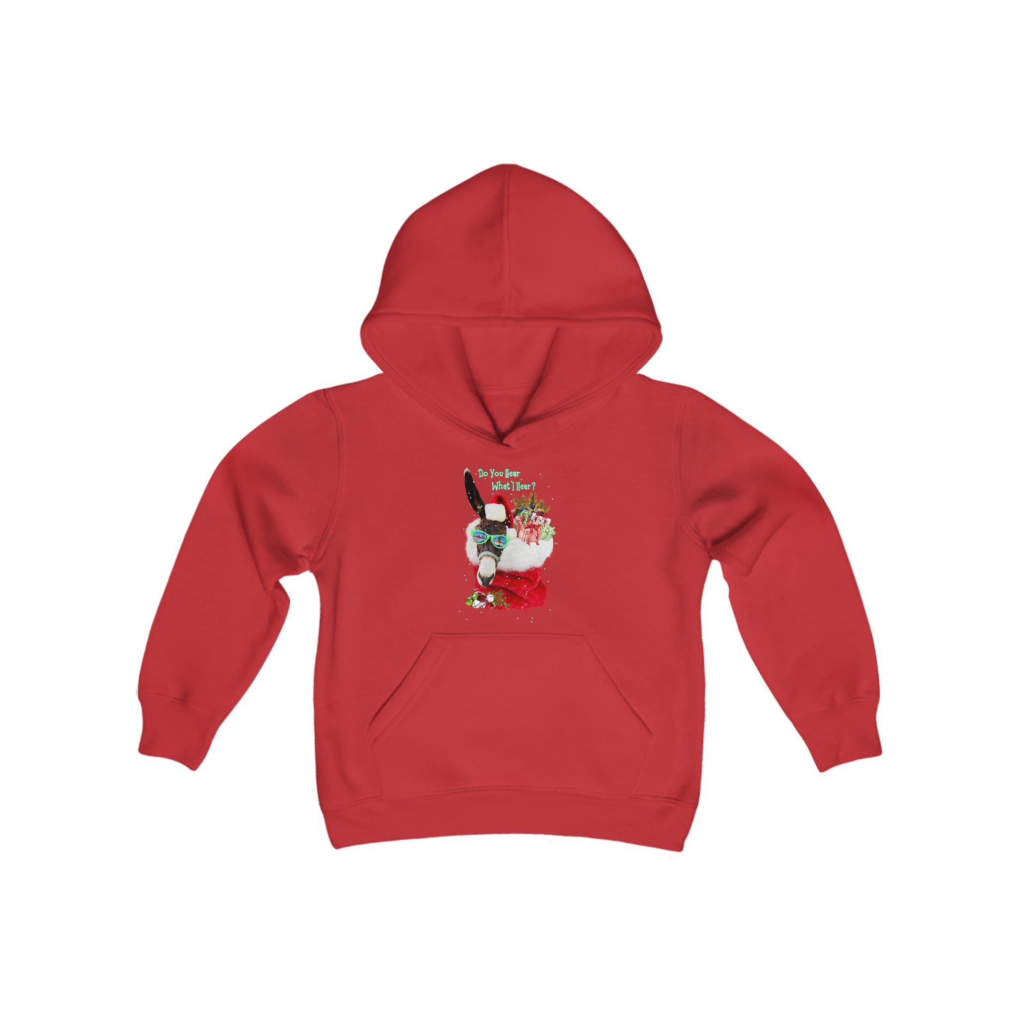 Urban SoulShine & co presents the "Do You Hear What I Hear Donkey Claus Hoodie (Youth Unisex)," a charming red hoodie featuring a graphic design of a joyful donkey wearing a Santa hat, surrounded by presents, with text that reads, "This is my Christmas llama sweater." This festive youth blend hooded sweatshirt is perfect for celebrating the holiday season in style.