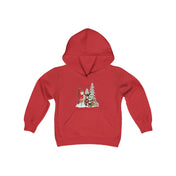 The Urban SoulShine & co Donkey Claus Street Player Hoodie (Youth Unisex) is a red custom hoodie adorned with a Christmas-themed illustration of a snow-covered pine tree, a classic street lamp, and gifts at the base. This youth blend hooded sweatshirt provides a comfortable fit with long sleeves and a front pocket, making it perfect for stylish festive celebrations.