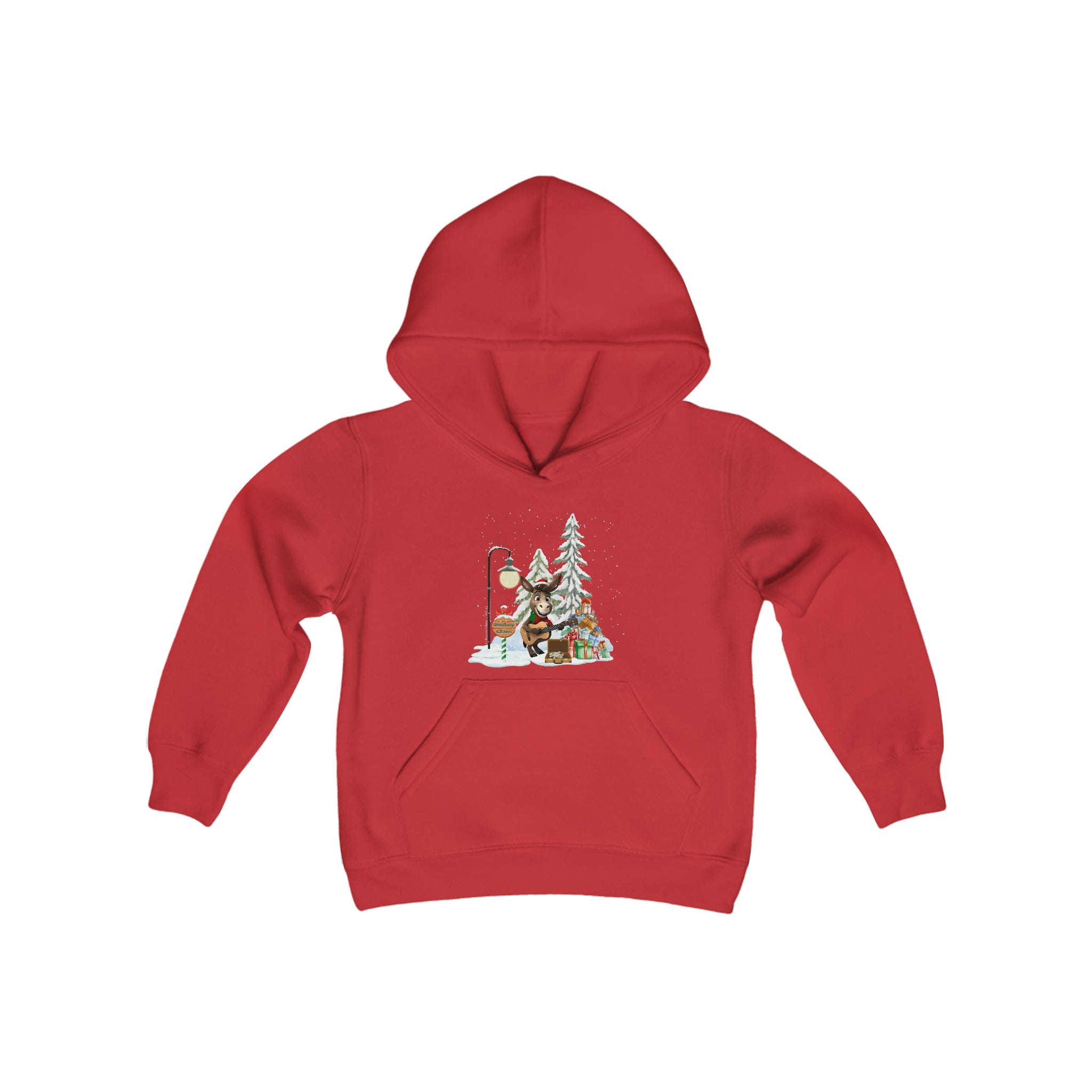 The Urban SoulShine & co Donkey Claus Street Player Hoodie (Youth Unisex) is a red custom hoodie adorned with a Christmas-themed illustration of a snow-covered pine tree, a classic street lamp, and gifts at the base. This youth blend hooded sweatshirt provides a comfortable fit with long sleeves and a front pocket, making it perfect for stylish festive celebrations.